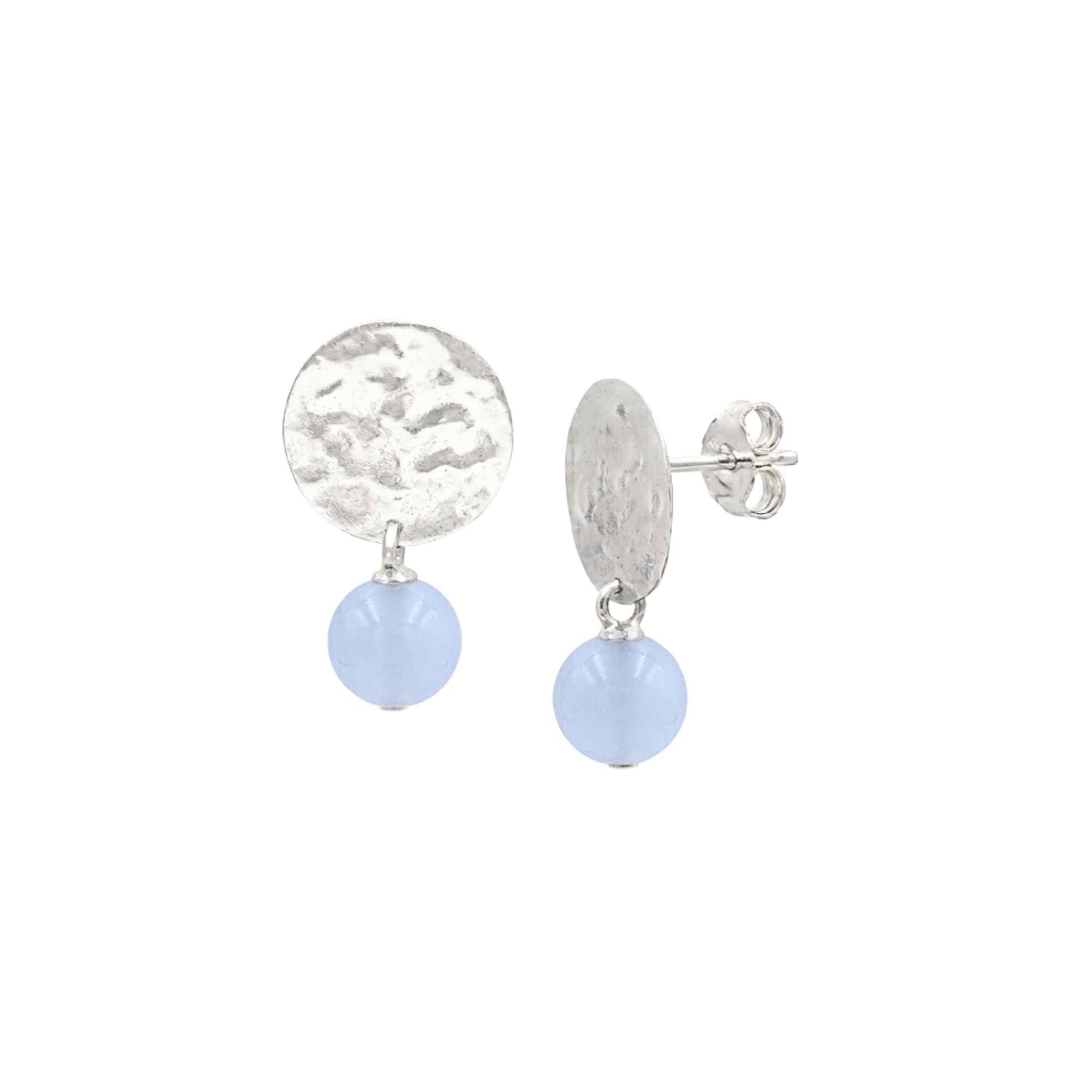 Pair of high-polish hammered 925 sterling silver coin stud earrings with dangling spherical translucent light periwinkle Blue Chalcedony gemstone beads on white background — Protsaah Zurich.