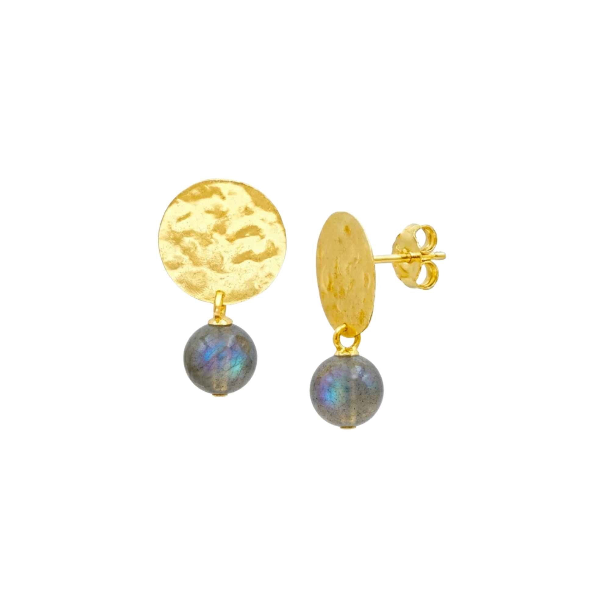 Pair of high-polish hammered 22K gold plated 925 silver coin stud earrings with dangling spherical grey AA quality Labradorite gemstone beads showing blue-green labradorescence sheen on white background — Protsaah Zurich.