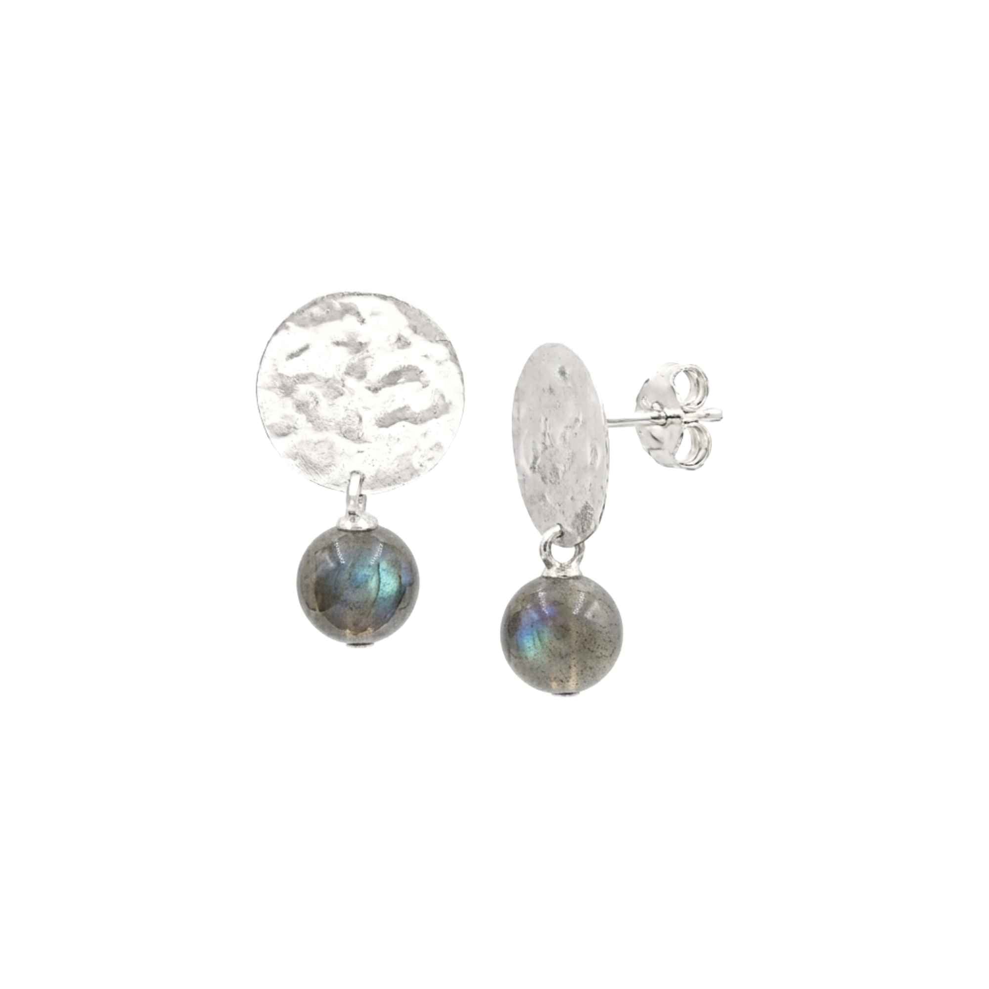 Pair of high-polish hammered 925 sterling silver coin stud earrings with dangling spherical grey AA quality Labradorite gemstone beads showing blue-violet labradorescence sheen on white background — Protsaah Zurich.