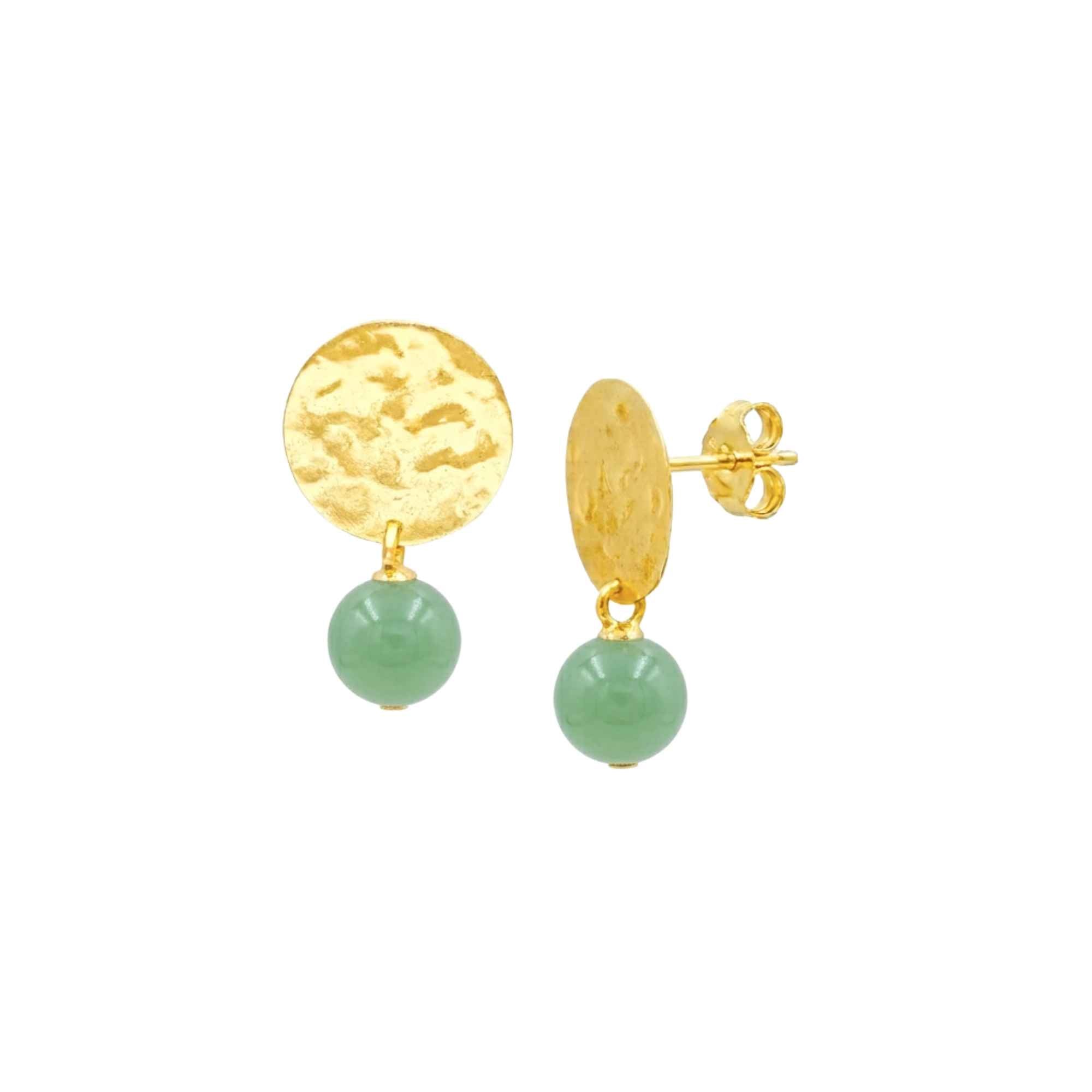 Pair of high-polish hammered 22K gold plated 925 silver coin stud earrings with dangling spherical smooth light green Nephrite Jade gemstone beads on white background — Protsaah Zurich.