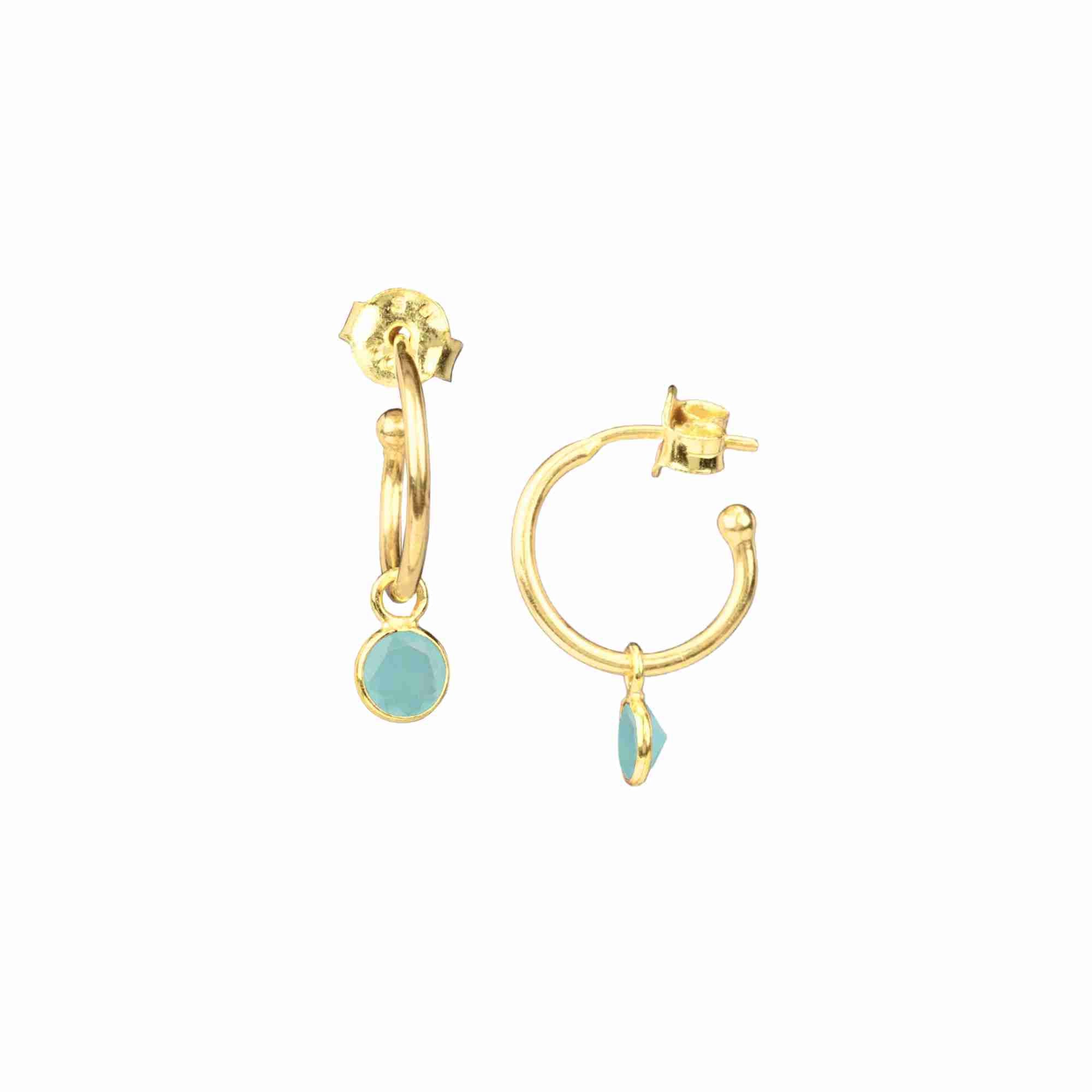 Dew Drops Hoop Earrings with Aqua Chalcedony Charm Gold — elegant 22K gold vermeil small hoop earrings featuring a dangling, bezel-set round natural translucent light blue aqua chalcedony gemstone charm by Protsaah Zurich.