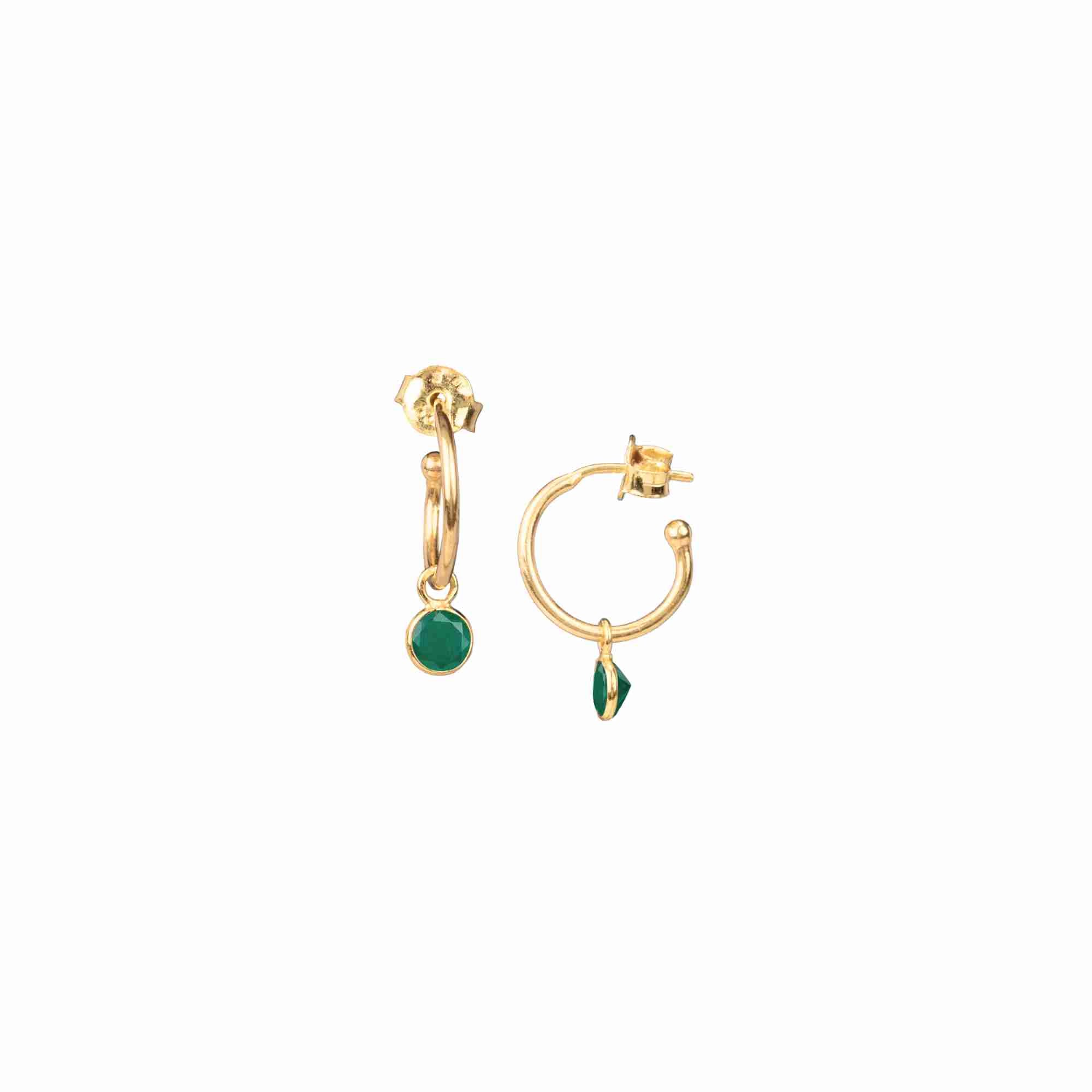 Dew Drops Hoop Earrings with Green Onyx Charm Gold — delicate gold hoop with vibrant green onyx charm in 22K gold vermeil by Protsaah Zurich.