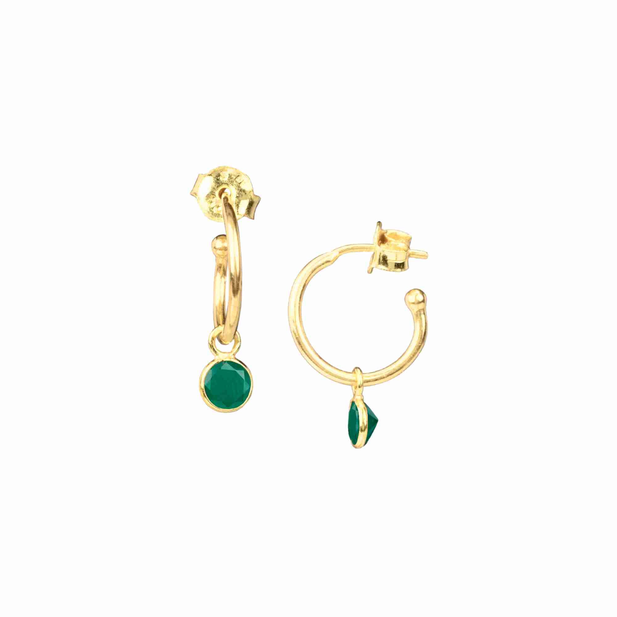 Dew Drops Hoop Earrings with Green Onyx Charm Gold — delicate gold hoop with vibrant green onyx charm in 22K gold vermeil by Protsaah Zurich.