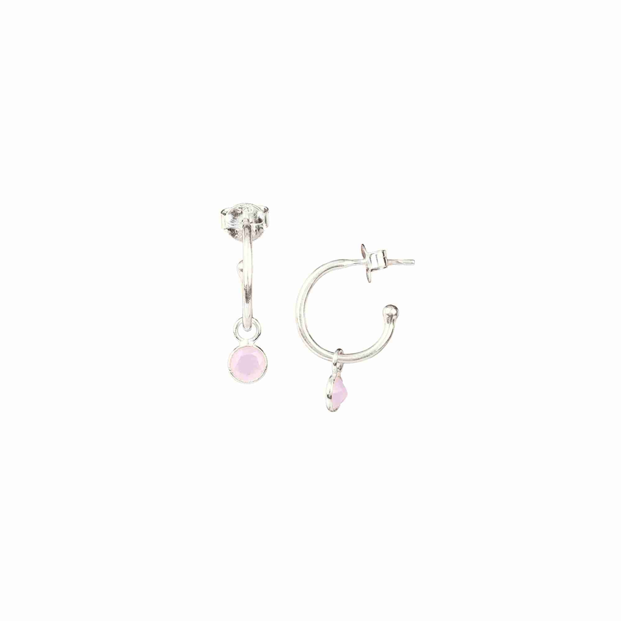 Dew Drops Hoop Earrings with Pink Chalcedony Charm Silver — delicate high-polish 925 silver hoop earrings with dangling bezel-set round pastel-pink chalcedony gemstone charms — Protsaah.