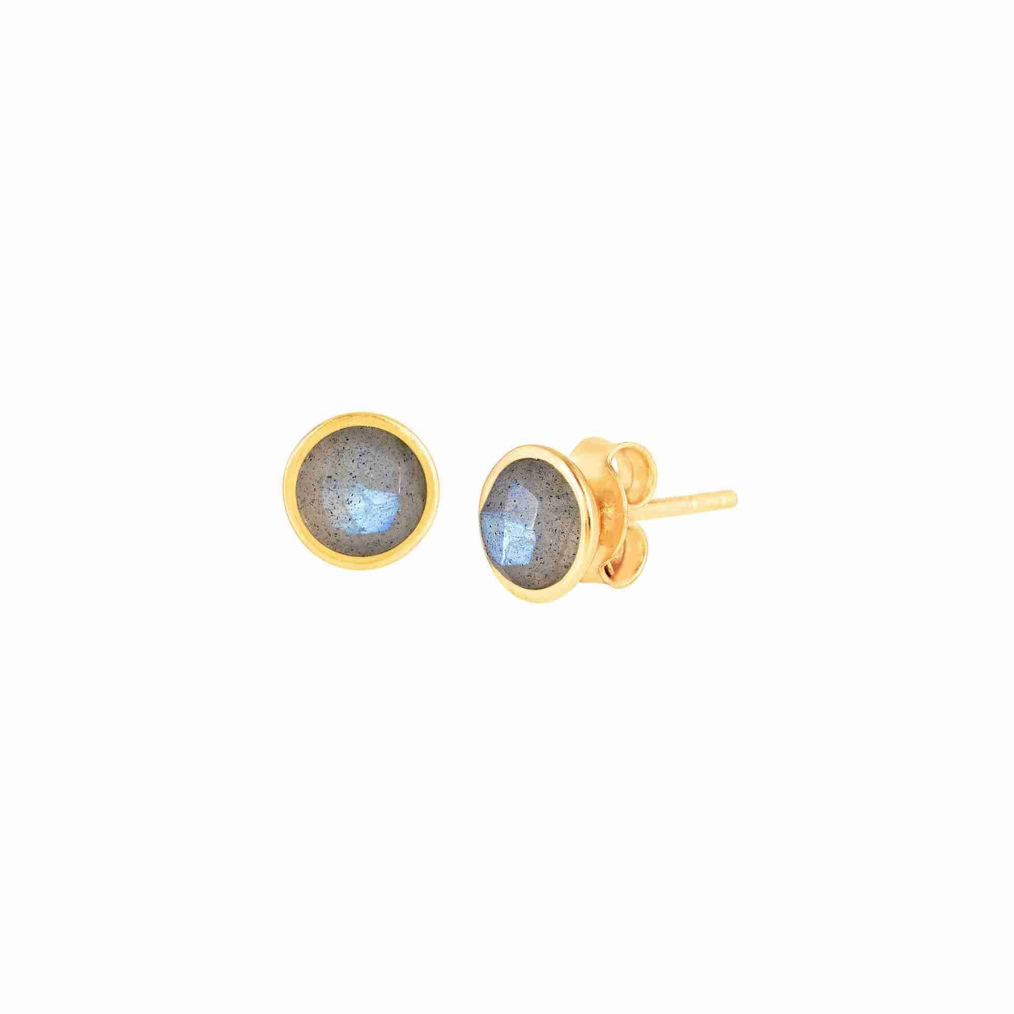 Dew Drops Labradorite Bezel Round Stud Earrings Gold — minimal circular bezel-set round natural labradorite gemstones in high-polish 22K gold studs — Protsaah.
