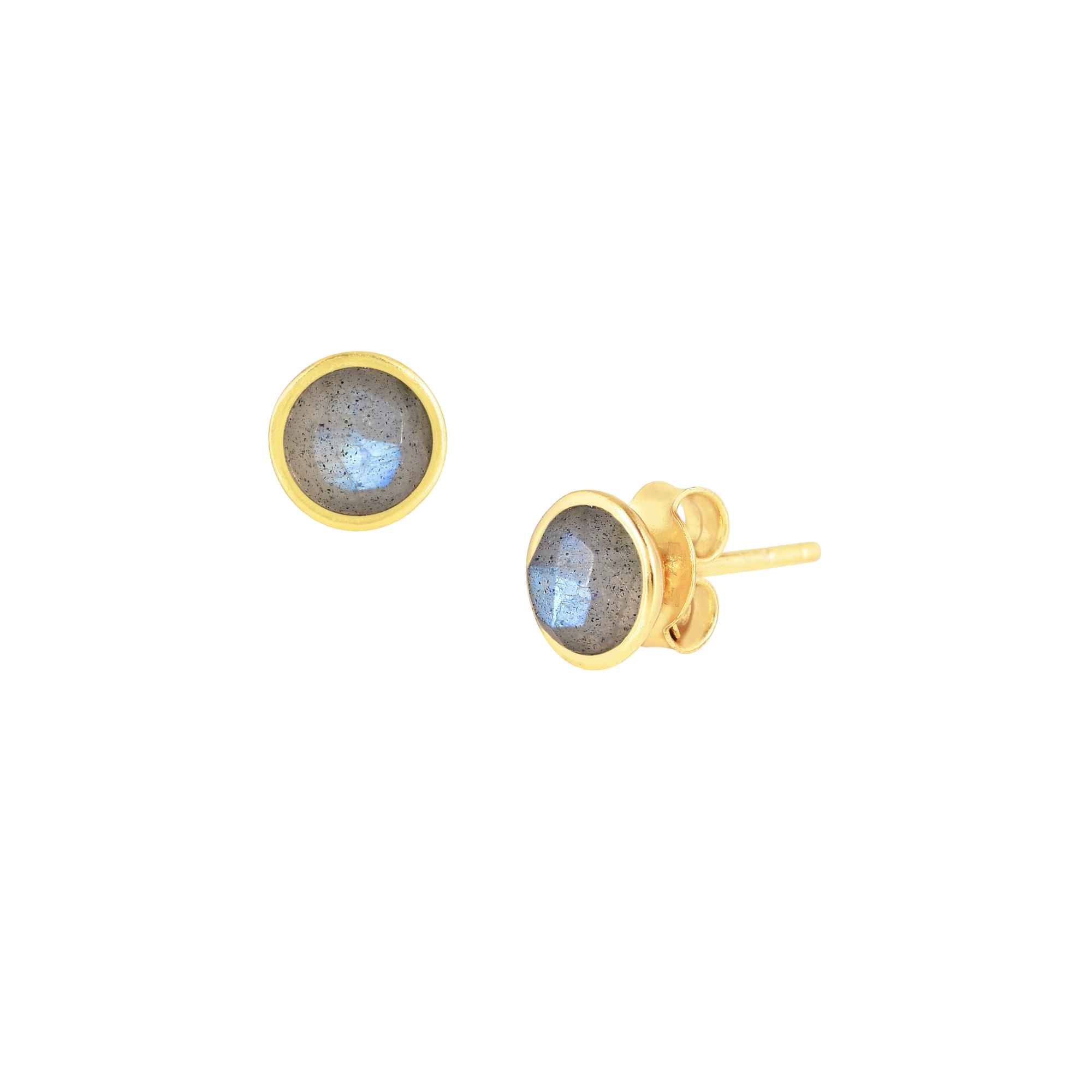 Dew Drops Labradorite Bezel Round Stud Earrings Gold — Pair of faceted round natural iridescent gray-blue labradorite gemstone in a minimal circular bezel setting in high-polish 22K gold plated 925 sterling silver, on a butterfly-back post. Product studio shot on white background — Protsaah.