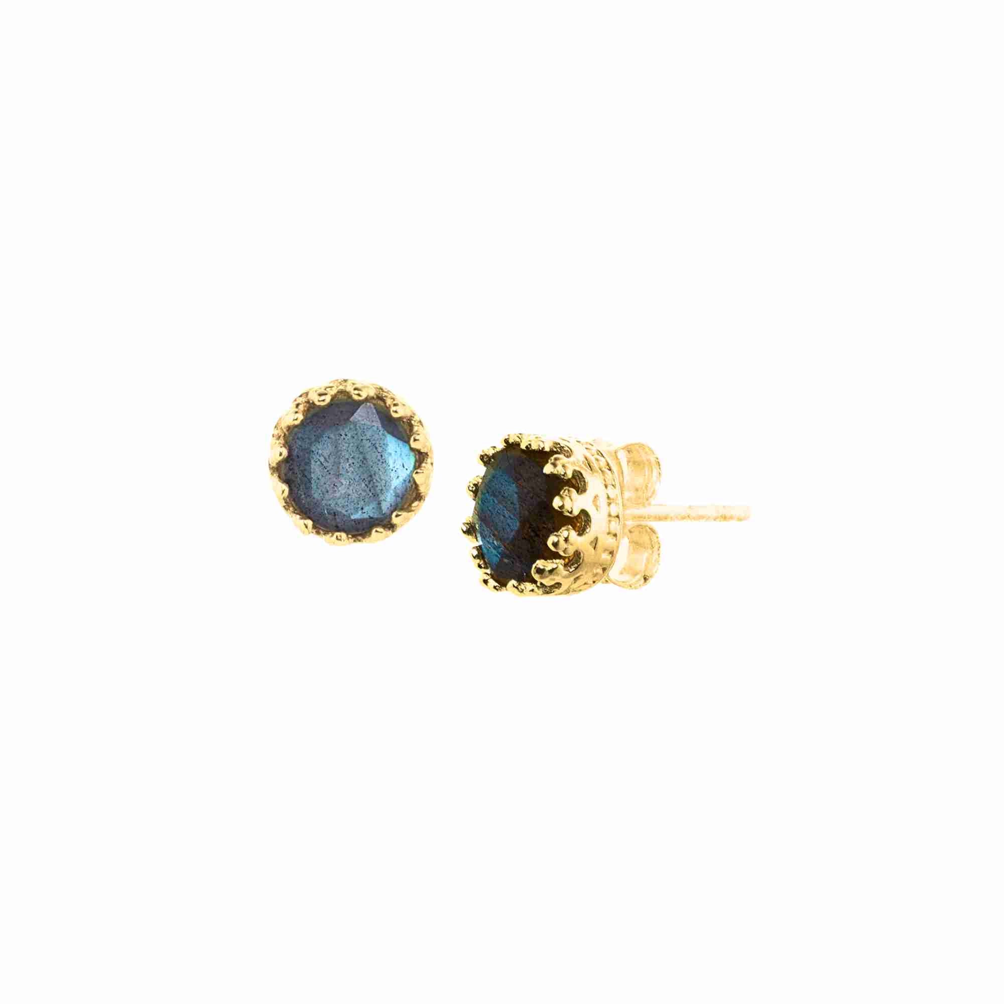 Dew Drops Labradorite Crown Stud Earrings Gold — high-end 22K gold vermeil round stud earrings showcasing an ornate multi-prong crown setting containing a faceted natural iridescent gray-blue labradorite gemstone by Protsaah Zurich.