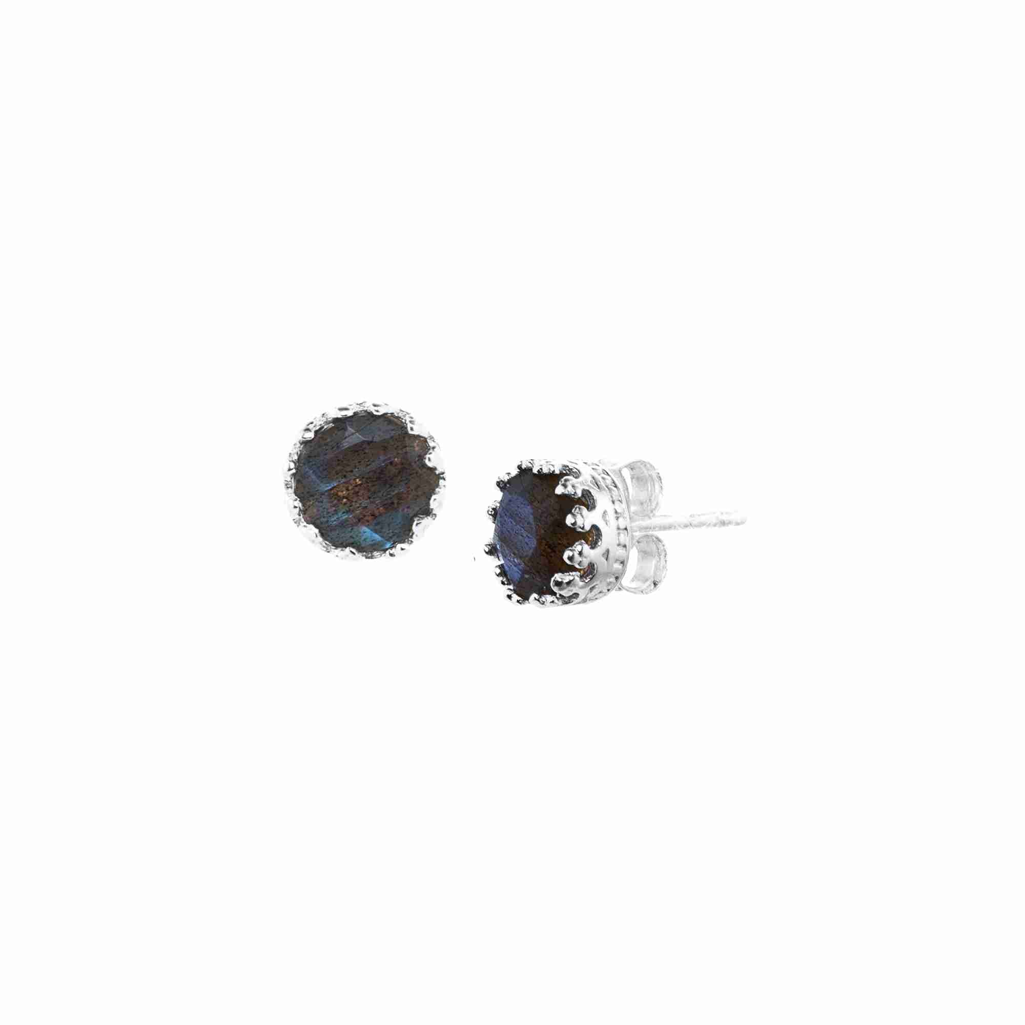 Product picture named Dew Drops displaying a front view and side profile view of the Labradorite Crown Stud Earrings in silver against a plain white background, showcasing the round faceted Labradorite gemstones nestled inside handcrafted royal crown-style decorative bezel prongs in high-polish 92.5 recycled sterling silver with secure post-and-butterfly backs by Protsaah Zurich.