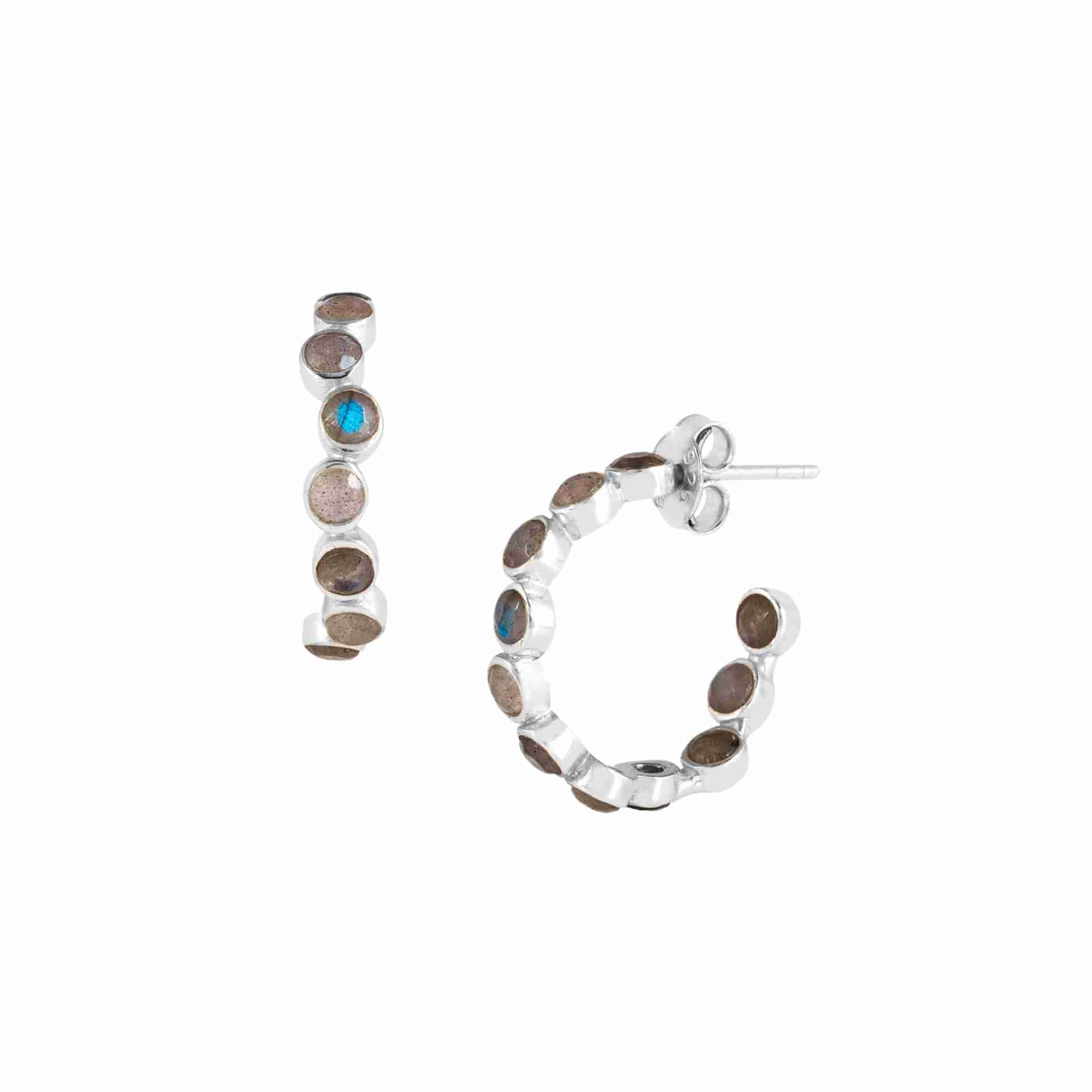 Dew Drops Labradorite Studded Hoop Earrings Silver — open hoop with round-cut Labradorite gemstones bezel-set along the outer rim in high-polish silver finish with push-back post closure — Protsaah.