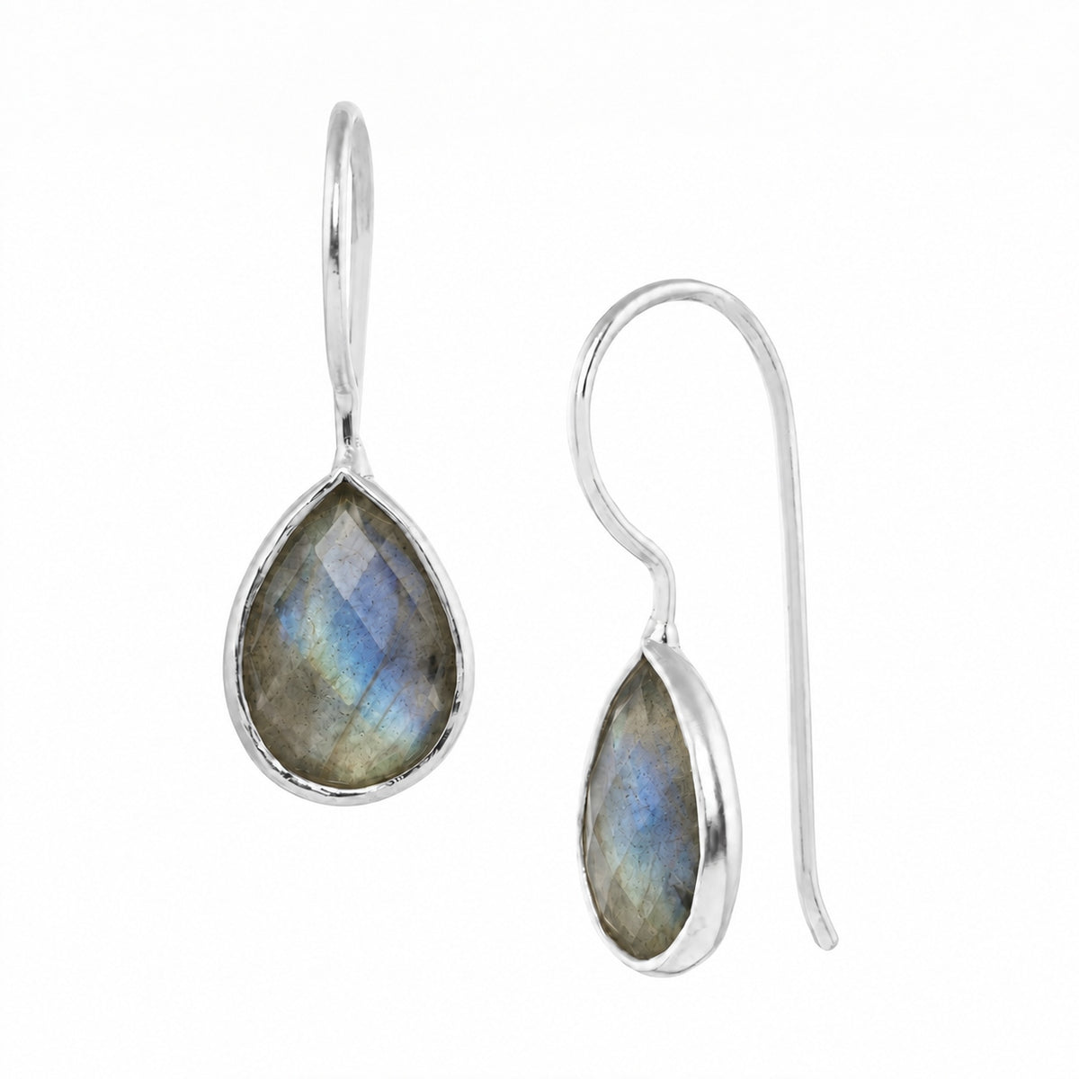 Faceted 7 x 10mm labradorite teardrop drop earrings in a silver bezel on wire hooks on a white background