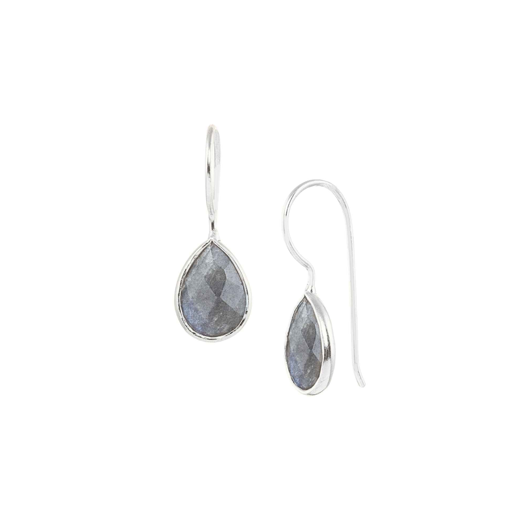 A pair of silver teardrop drop earrings with faceted grey-blue labradorite stones on a sleek continuous curved ear hook in high-shine finish. It is in silver bezel setting with french wire hooks, studio shot on white background — Protsaah.
