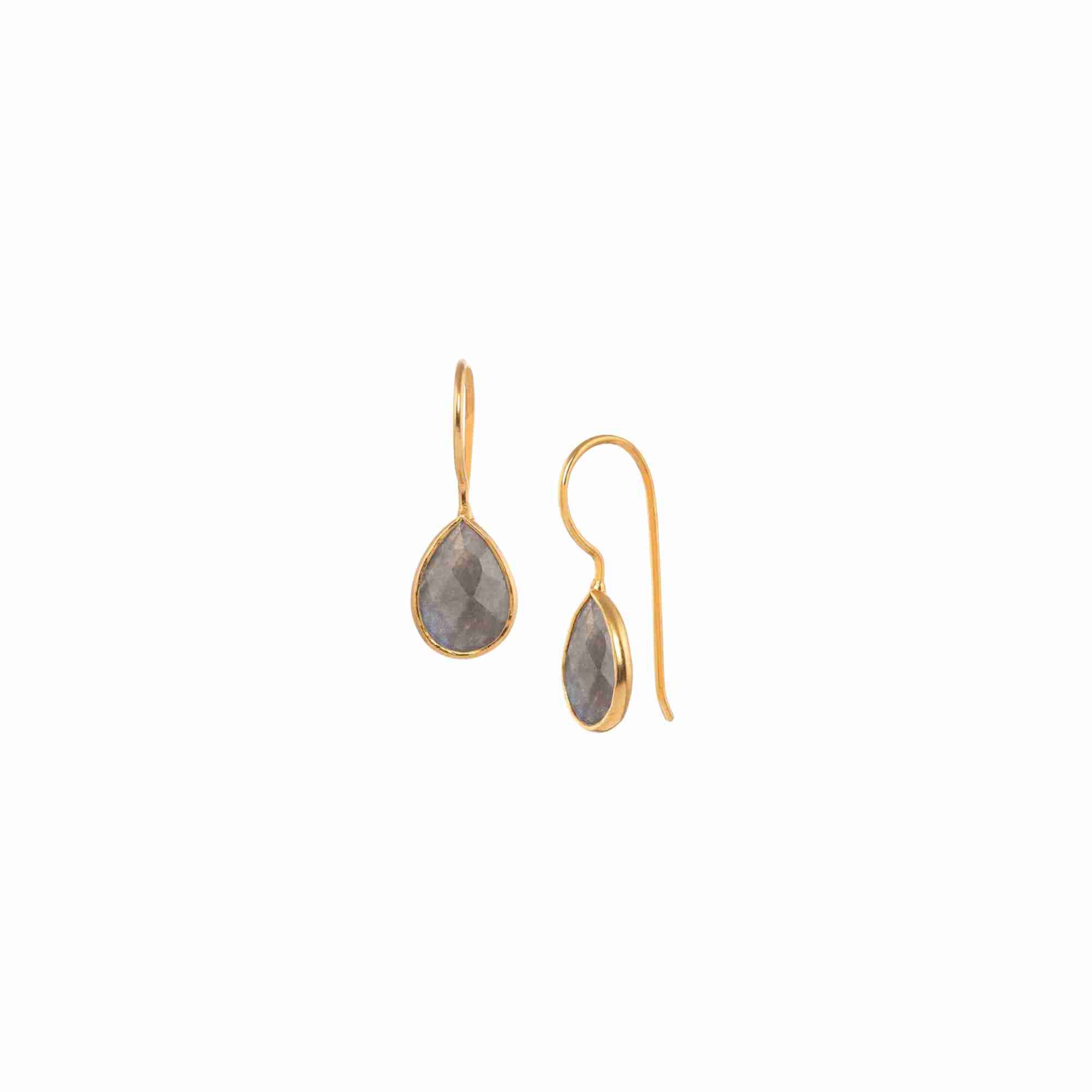 Dew Drops Labradorite Teardrop Earrings Drop Earrings Gold — elegant 22K gold vermeil hook earrings featuring a faceted pear-cut flash-filled grey labradorite gemstone in a polished gold bezel setting by Protsaah Zurich.
