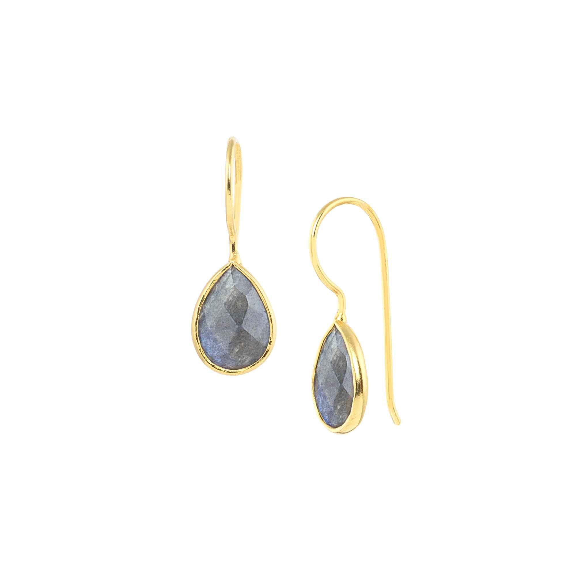 A pair of gold teardrop drop earrings with faceted gray-blue labradorite stones on a sleek continuous curved ear hook in high-shine 22K gold finish. It is in gold bezel setting with french wire hooks, studio shot on white background — Protsaah.