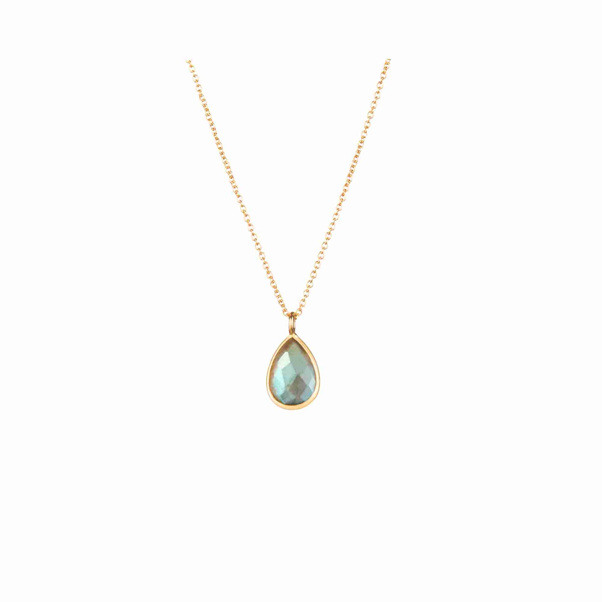 Dew Drops Labradorite Teardrop Pendant Necklace Gold — iridescent labradorite teardrop pendant on a 22K gold vermeil chain by Protsaah Zurich.
