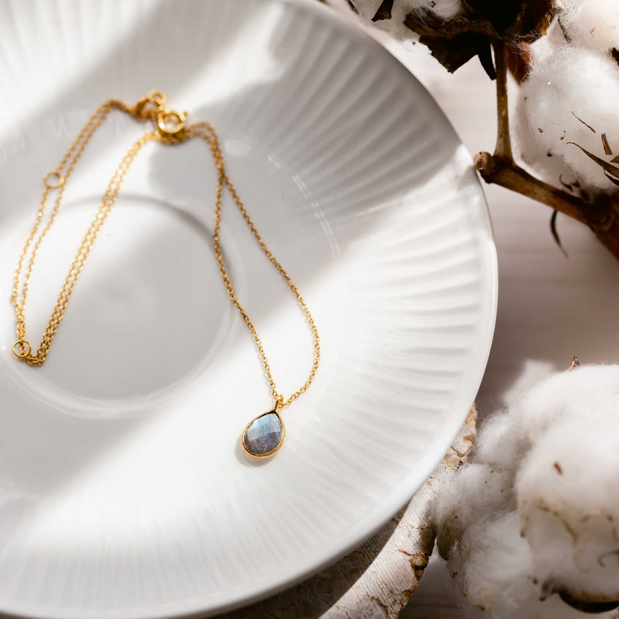 Styling collage of Dew Drops Labradorite Teardrop Pendant Necklace Gold — multiple views of the labradorite pendant in 22K gold vermeil by Protsaah Zurich.