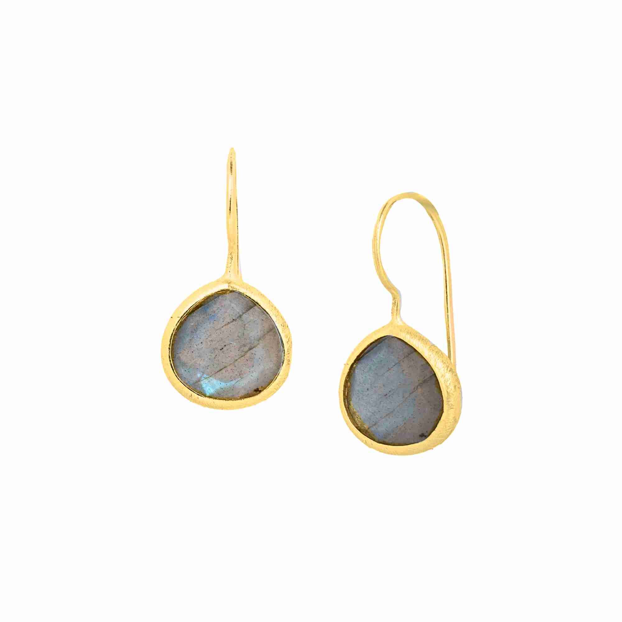Dew Drops Labradorite Textured Drop Earrings Gold — elegant 22K gold plated 925 Silver hook earrings featuring a faceted heart-shaped flashing labradorite gemstone inside a uniquely brushed, textured gold bezel frame by Protsaah Zurich.
