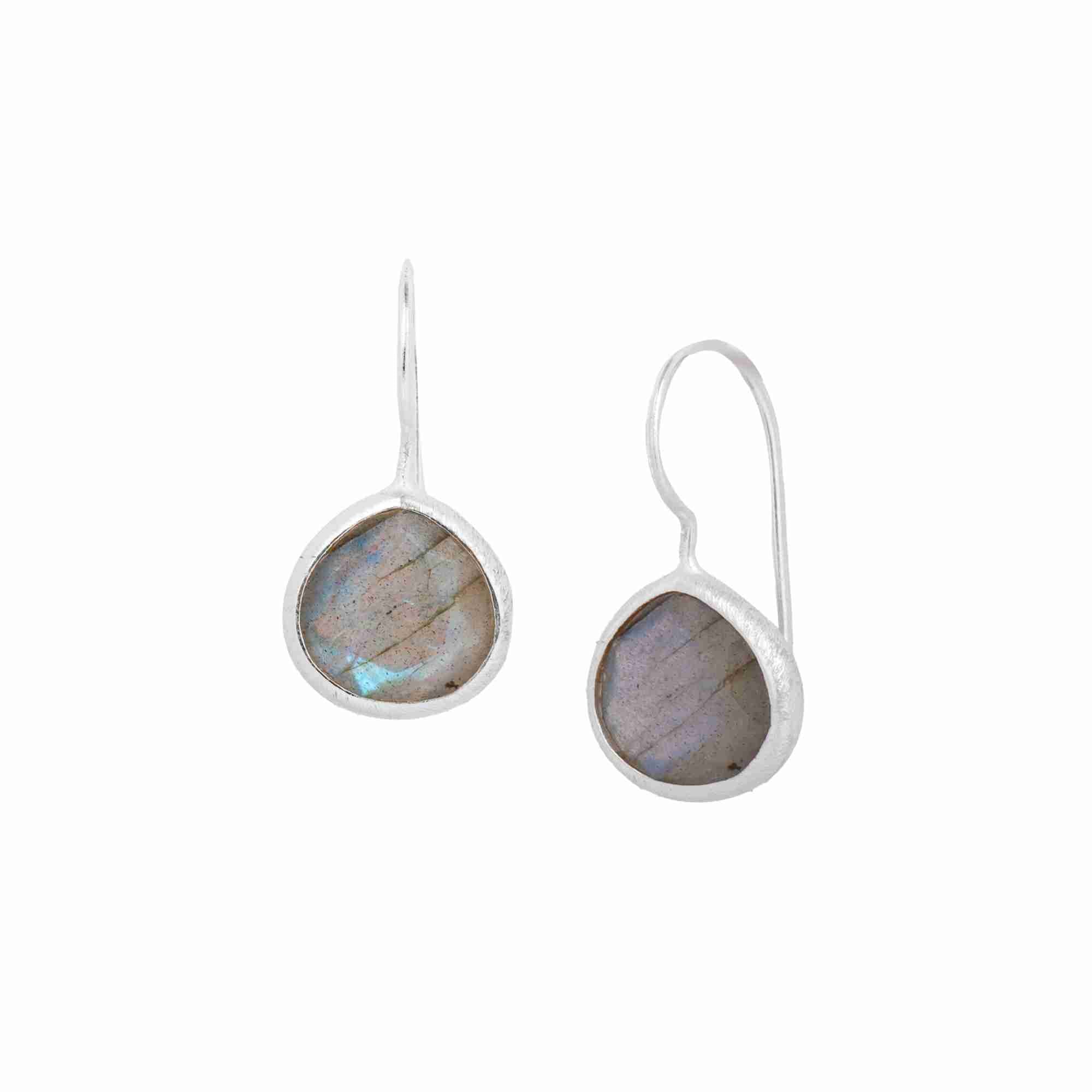 Dew Drops Labradorite Textured Drop Earrings Silver — faceted teardrop Labradorite in a textured bezel setting suspended from a fine fishhook wire in high-polish silver finish — Protsaah.