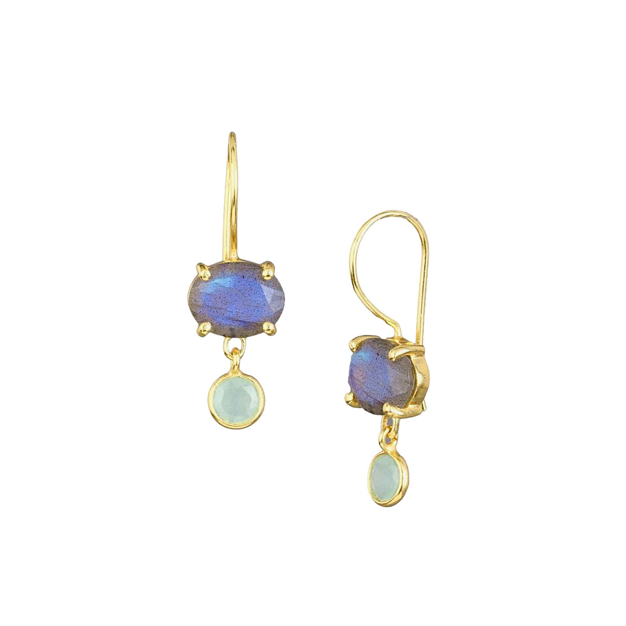 Pair of elongated, minimalist 22K gold plated 925 Silver open wire hooks, each featuring a prong-set oval grey-blue Labradorite gemstone with blue-violet labradorescence, dangling a bezel-set round light mint-green Aqua Chalcedony charm against a plain white background — Protsaah Zurich.