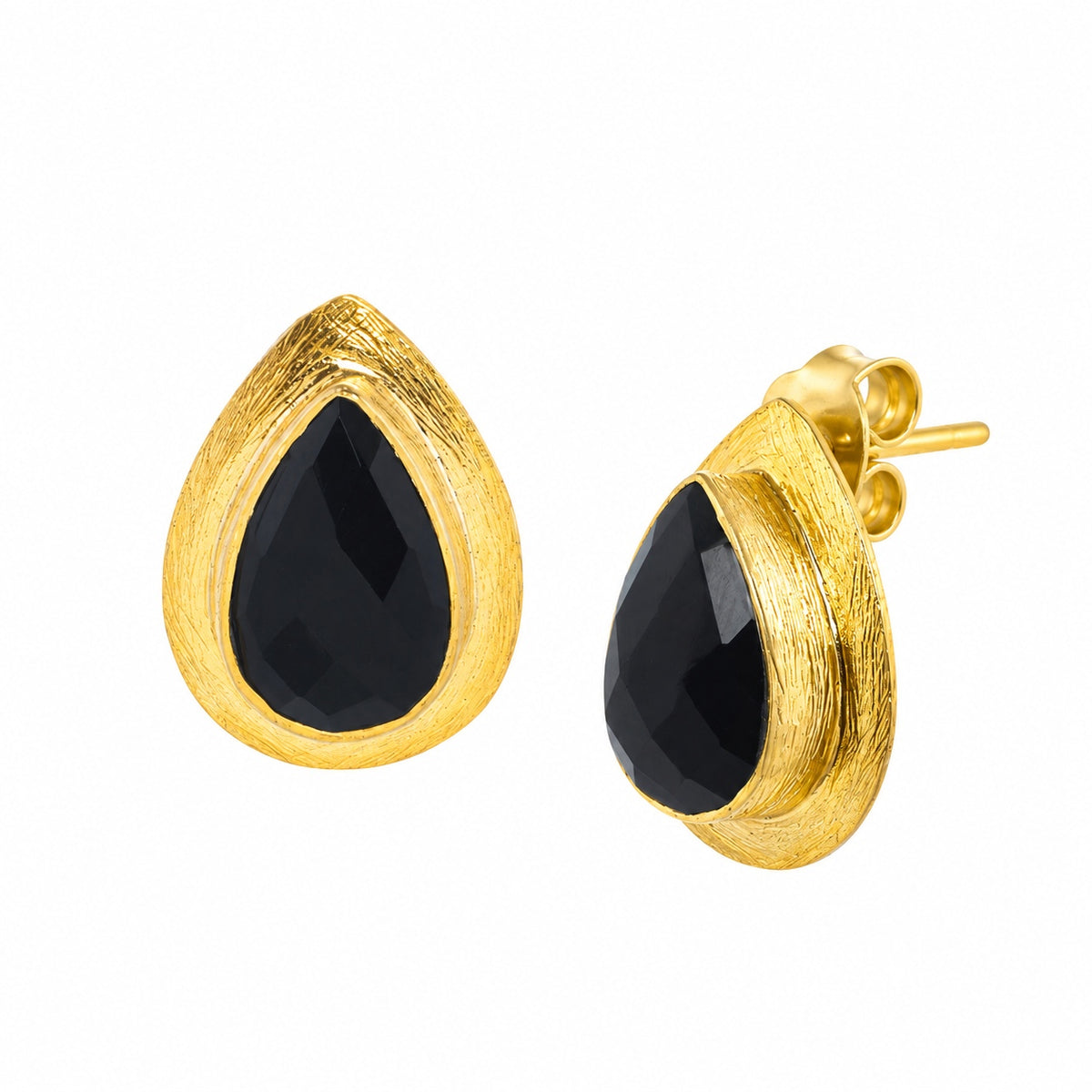 Dew Drops Large Teardrop Black Onyx Stud Earrings Gold