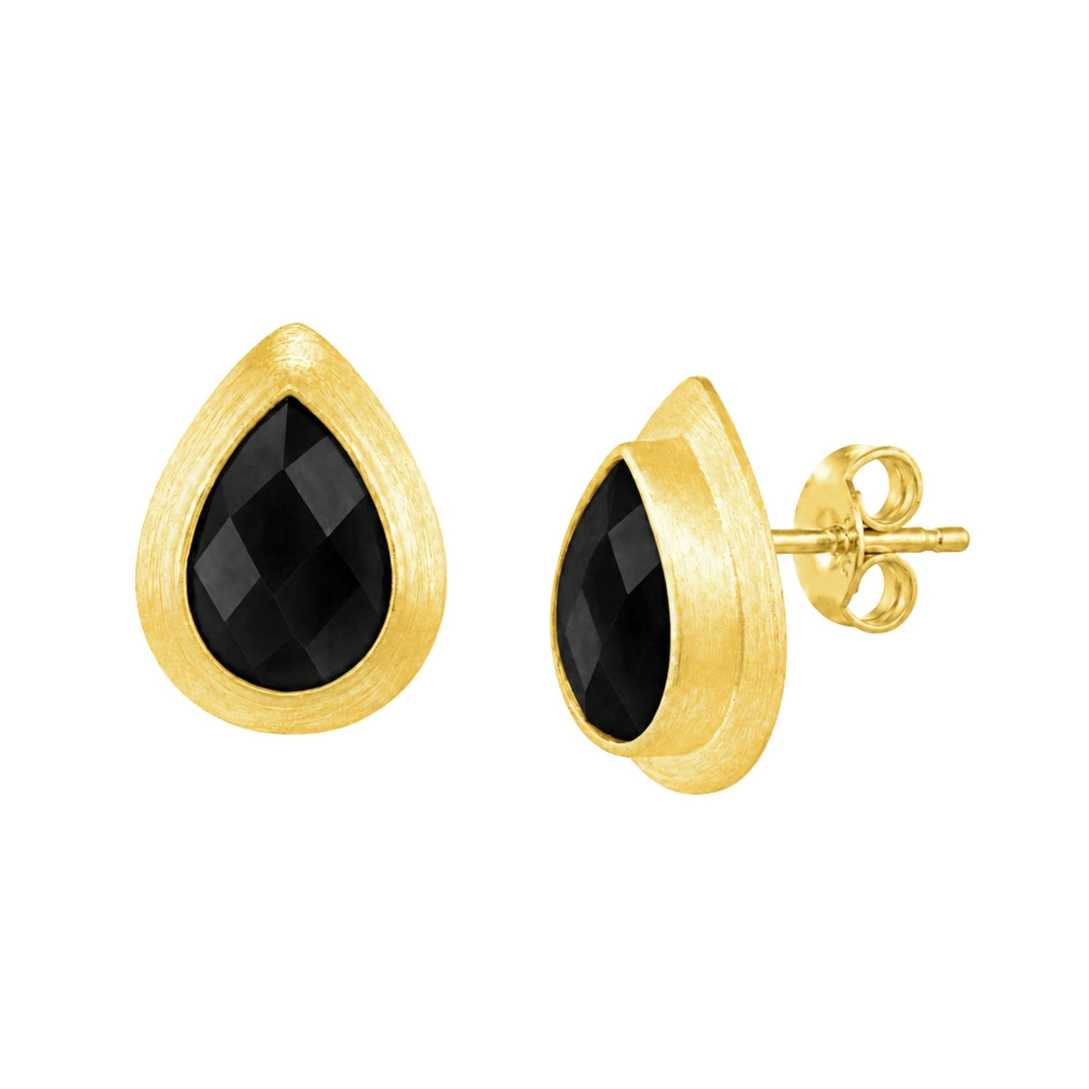 Boucles d'oreilles clous grandes gouttes onyx noir dorées