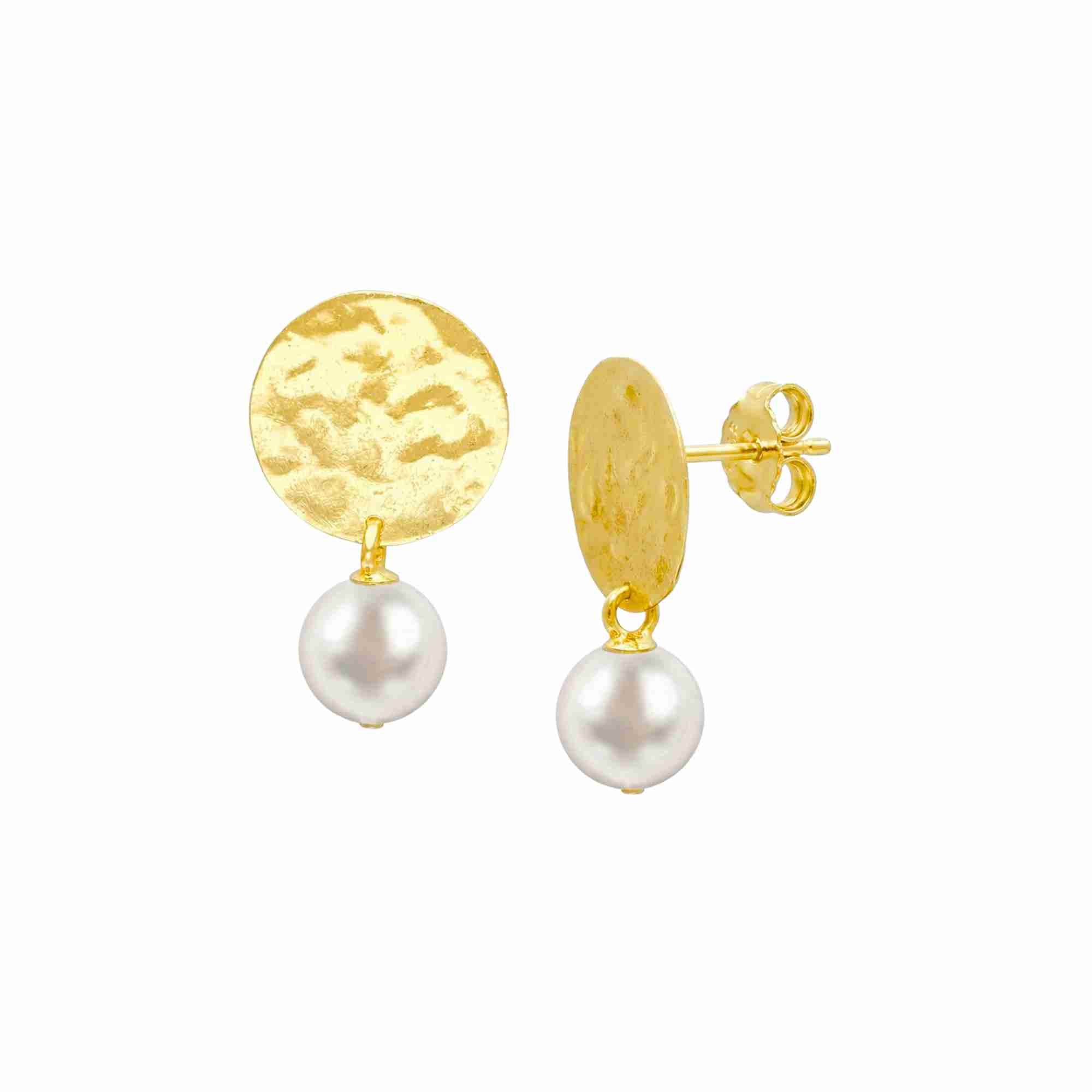 Dew Drops Molten Disc Pearl Drop Earrings Gold — hammered molten-textured circular disc stud suspending a round freshwater pearl drop in high-polish 22K gold finish on a butterfly-back post — Protsaah.