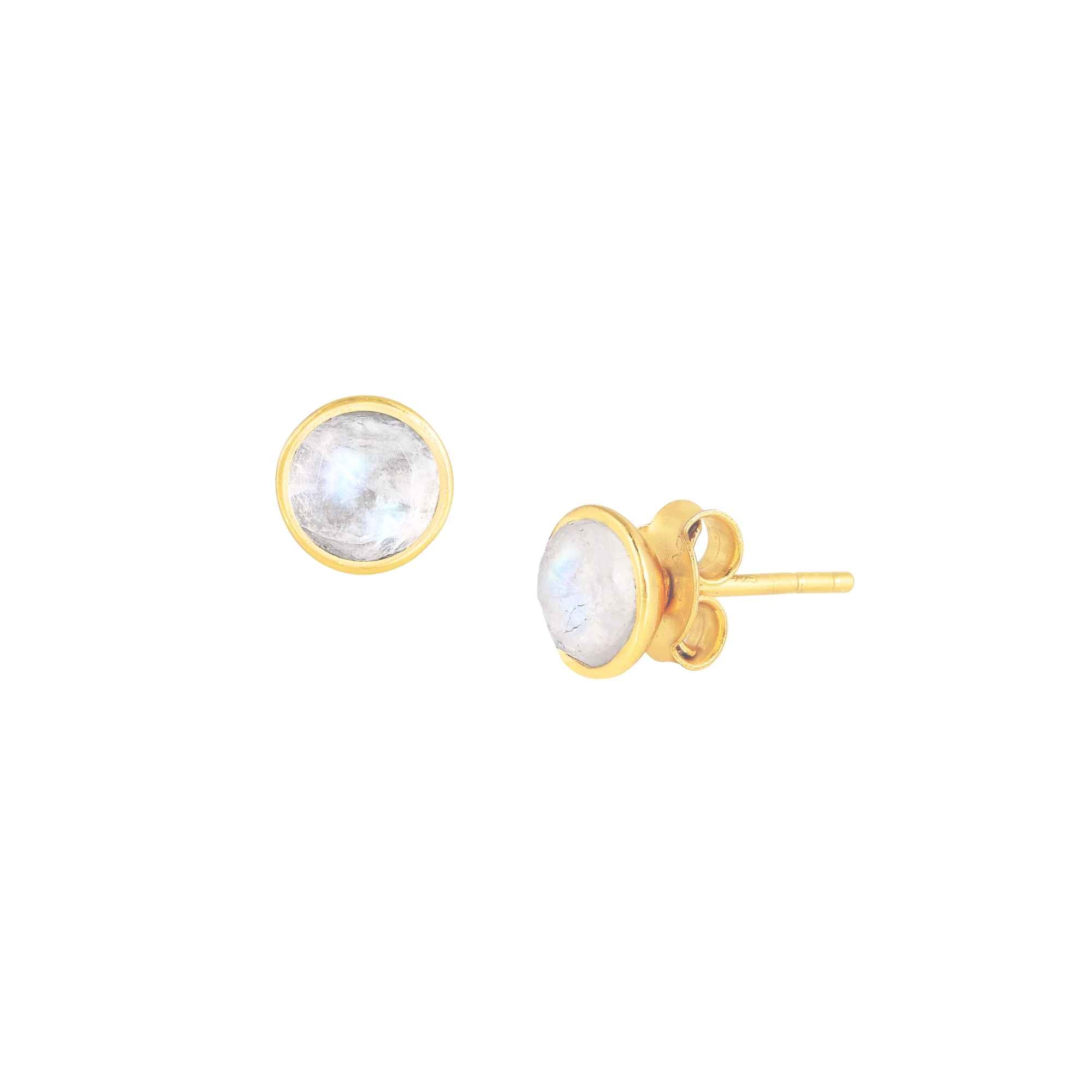 Dew Drops Moonstone Bezel Round Stud Earrings Gold — Pair of faceted round natural Rainbow Moonstone gemstones with iridescent blue-purple flash, in a minimal circular bezel setting in high-polish 22K gold plated 925 sterling silver, on a butterfly-back post. Product studio shot on white background — Protsaah.