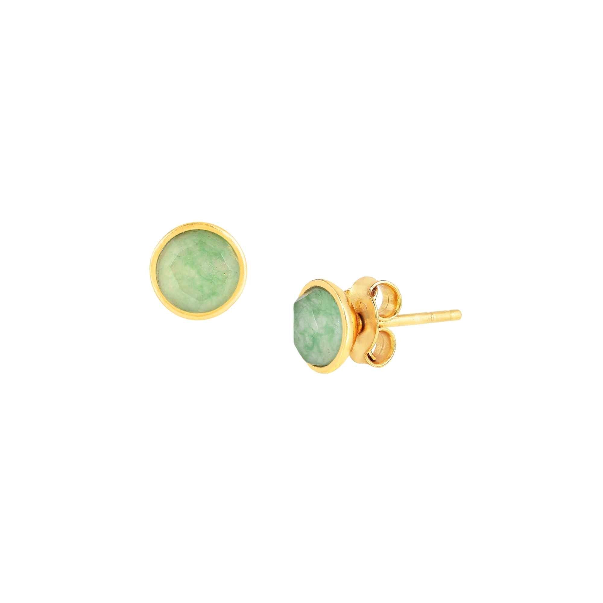 Dew Drops Nephrite Jade Bezel Round Stud Earrings Gold — Pair of round natural deep green Nephrite Jade gemstones with smooth luster, in a minimal circular bezel setting in high-polish 22K gold plated 925 sterling silver, on a butterfly-back post. Product studio shot on white background — Protsaah.