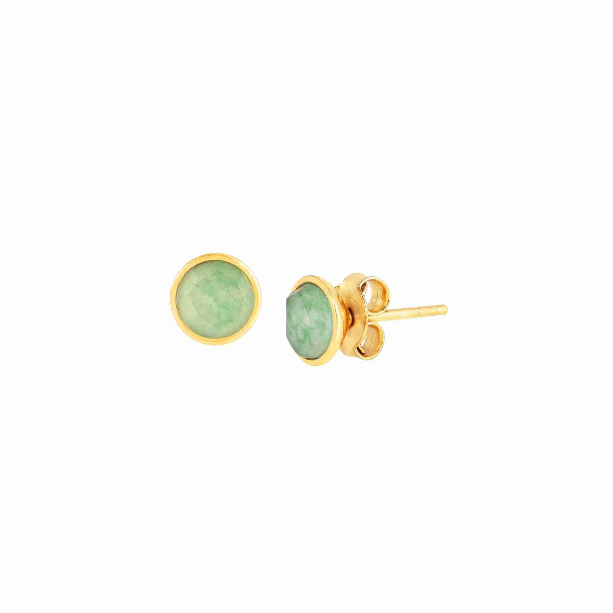 Dew Drops Nephrite Round Stud Earrings Gold — elegant 22K gold vermeil minimalist round-profile stud earrings featuring a circular bezel-set faceted cushion natural light green nephrite gemstone by Protsaah Zurich.