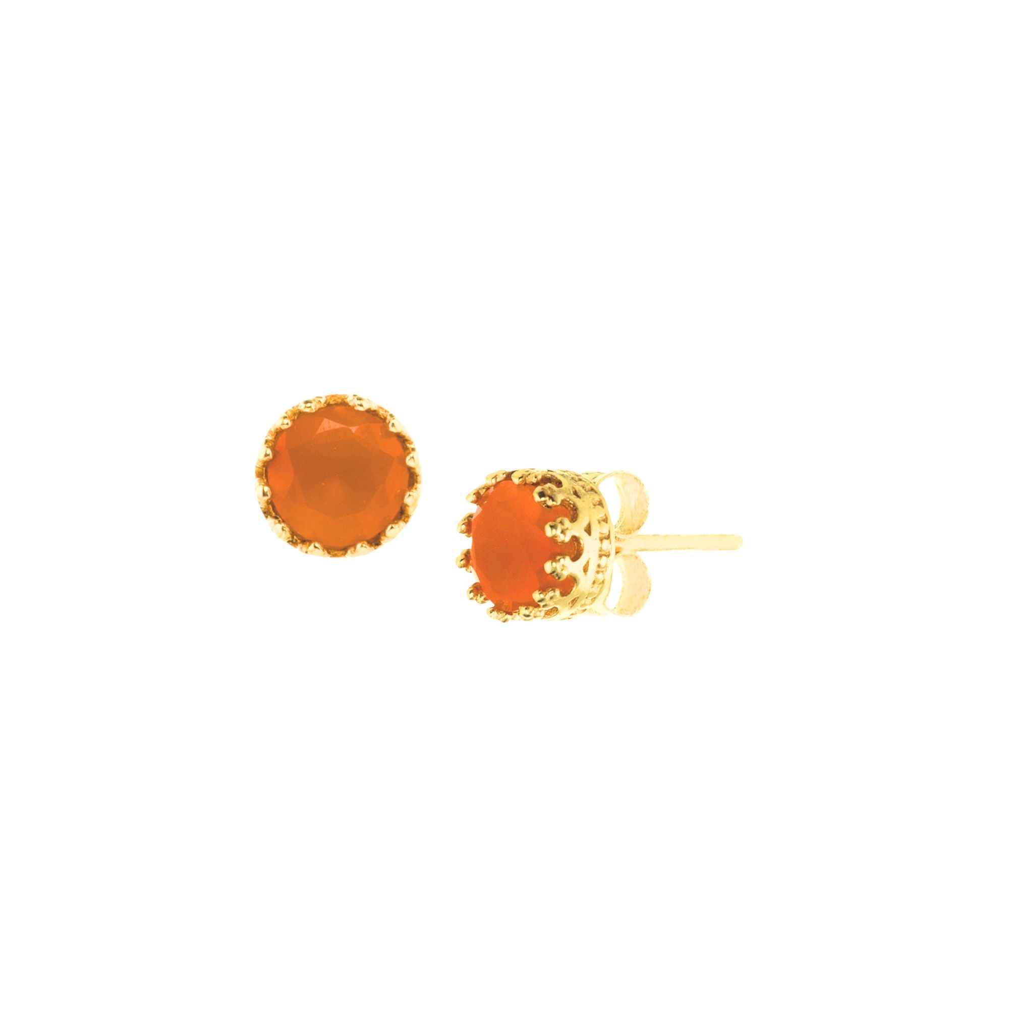 Product picture named Dew Drops displaying a front view and side profile view of the Orange Carnelian Crown Stud Earrings in gold against a plain white background, showcasing the round faceted vibrant orange Carnelian gemstones nestled inside handcrafted royal crown-style decorative bezel prongs in warm 22K gold plated 925 Silver over recycled silver with secure post-and-butterfly backs by Protsaah Zurich.