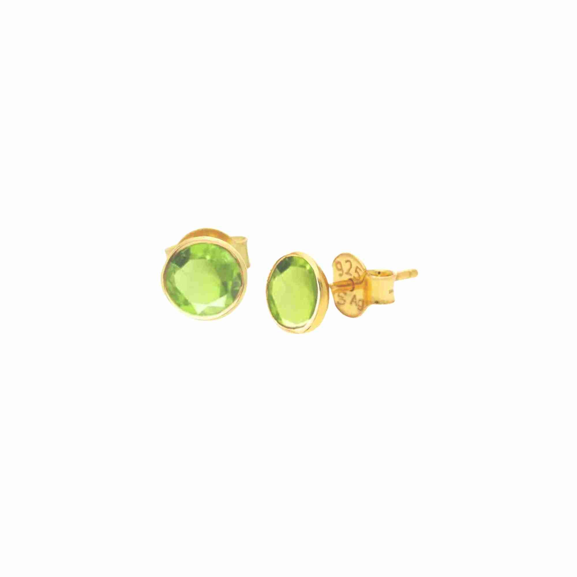 Dew Drops Peridot Bezel Round Stud Earrings Gold — faceted round Peridot in a minimal circular bezel setting in high-polish 22K gold finish on a butterfly-back post — Protsaah.

