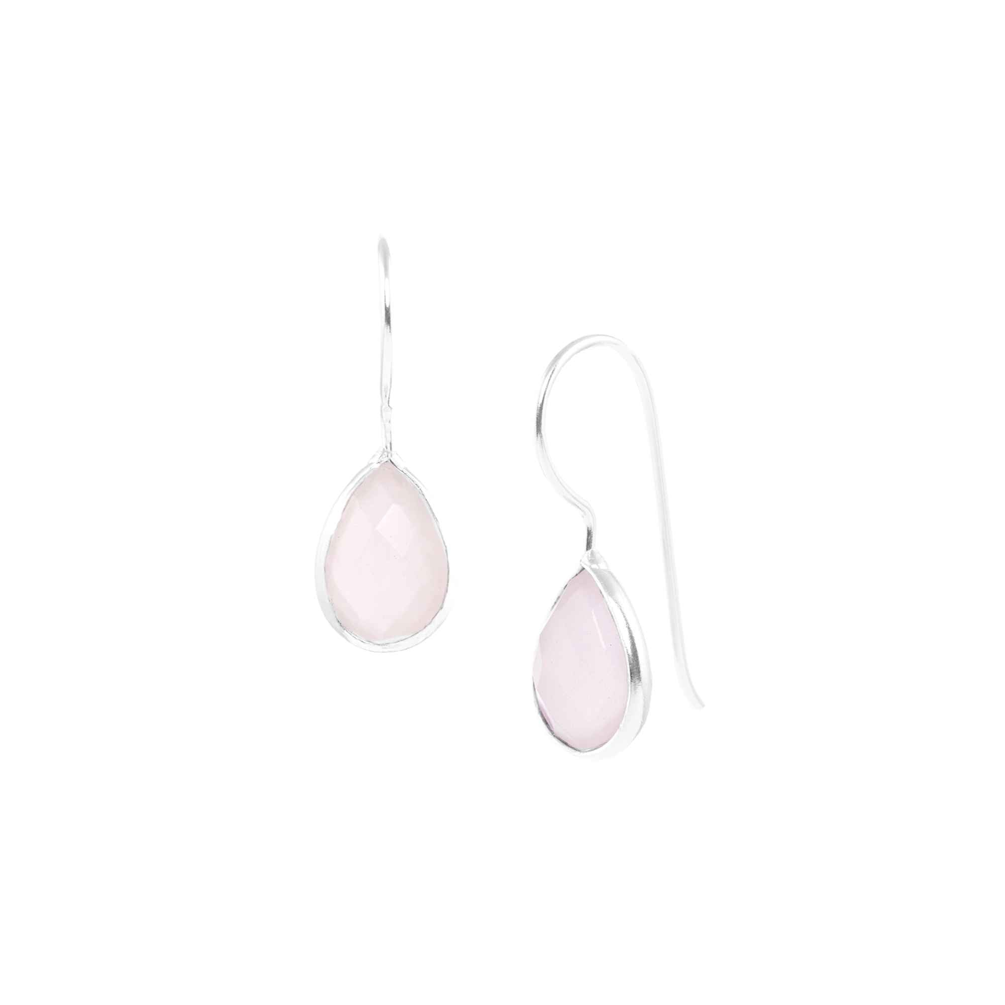 A pair of silver teardrop drop earrings with faceted pastel pink chalcedony stones on a sleek continuous curved ear hook in high-shine finish. It is in silver bezel setting with french wire hooks, studio shot on white background — Protsaah.