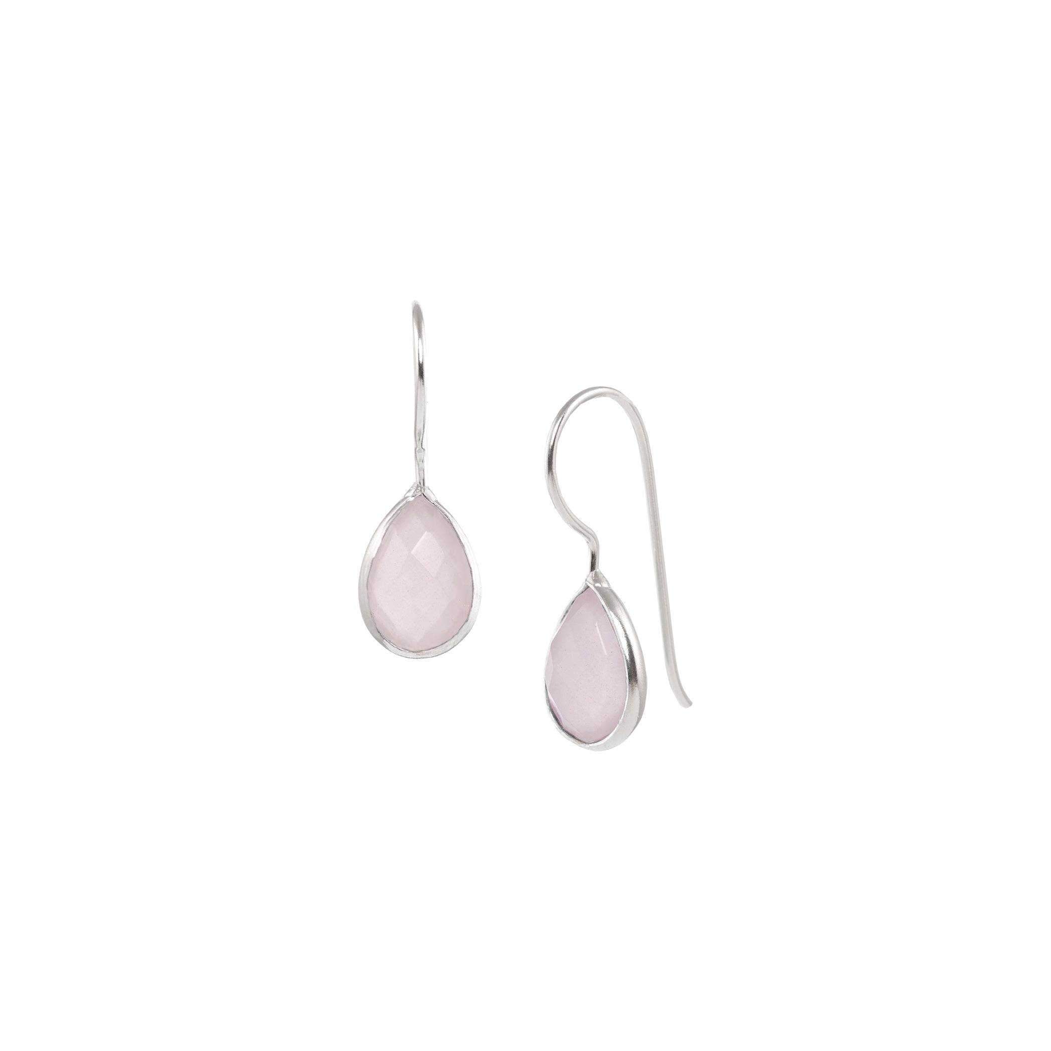 Dew Drops Pink Chalcedony Teardrop Drop Earrings Silver — faceted pear-cut translucent Pink Chalcedony gemstone bezel-set on a continuous silver ear hook — Protsaah.