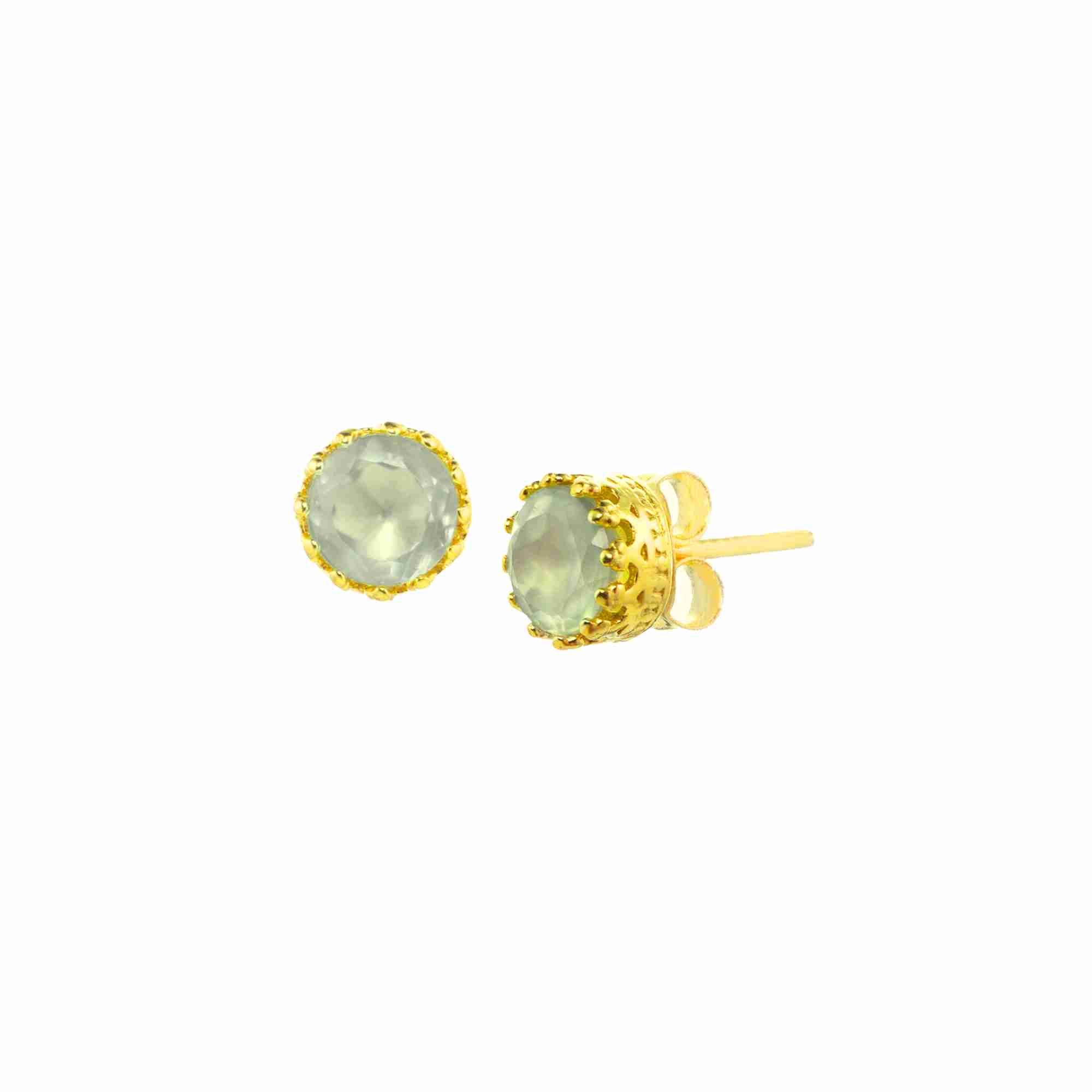 Dew Drops Prasiolite Crown Stud Earrings Gold — elegant 22K gold vermeil minimalist round stud earrings featuring a multi-prong crown setting housing a faceted natural pale mint green prasiolite gemstone by Protsaah Zurich.