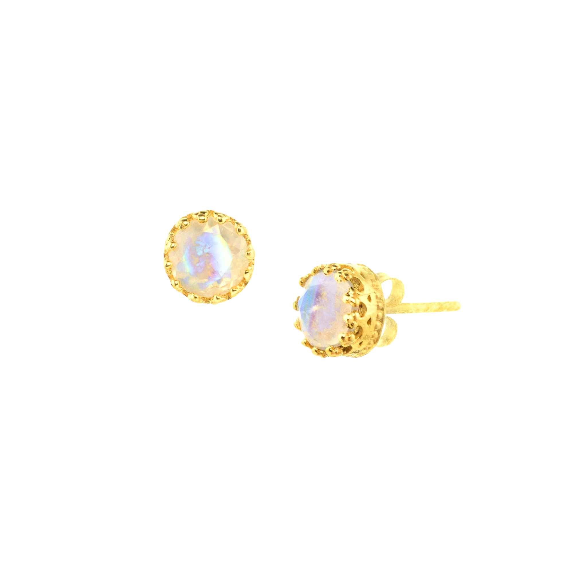 Rainbow Moonstone Crown Stud Earrings in gold against a plain white background, showcasing the round faceted natural Rainbow Moonstone gemstones with iridescent blue-purple flash nestled inside handcrafted royal crown-style decorative bezel prongs in warm 22K gold vermeil over recycled silver with secure post-and-butterfly backs by Protsaah Zurich.