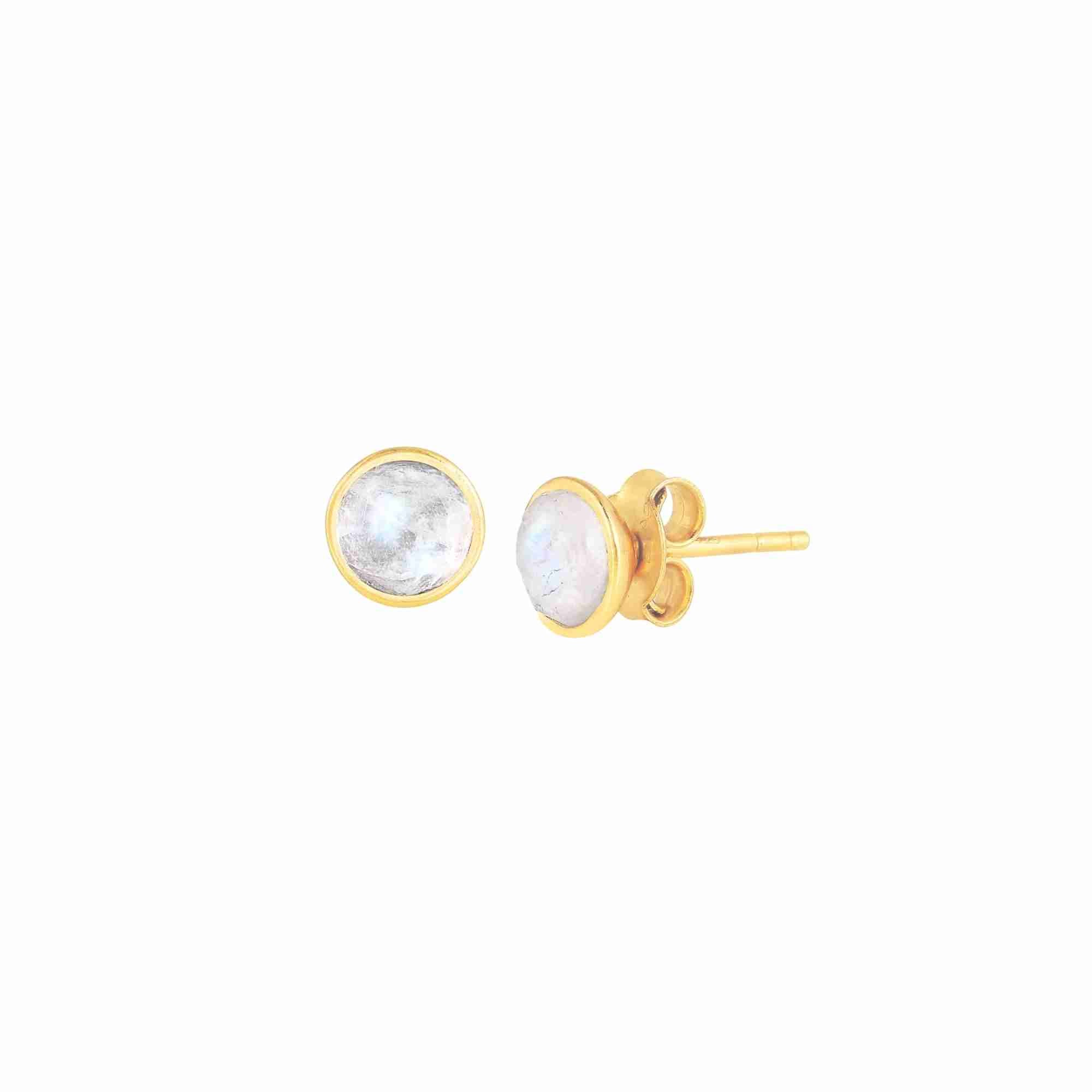 Dew Drops Rainbow Moonstone Round Stud Earrings Gold — elegant 22K gold vermeil minimalist round stud earrings featuring a bezel-set rose-cut natural iridescent rainbow moonstone gemstone by Protsaah Zurich.