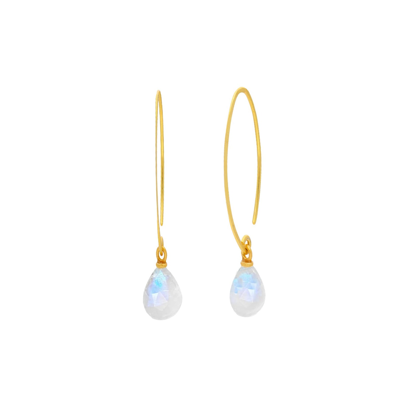 Product picture displaying a front studio view of the Dew Drops Rainbow Moonstone Teardrop Dangler Earrings Gold against a plain white background, The pair showcases elongated, minimalist 22K gold vermeil open marquise-shaped wire hooks, each delicately dangling a micro-faceted teardrop briolette charm made of natural, translucent Rainbow Moonstone gemstone showing a bright blue adularescence glow by Protsaah Zurich.