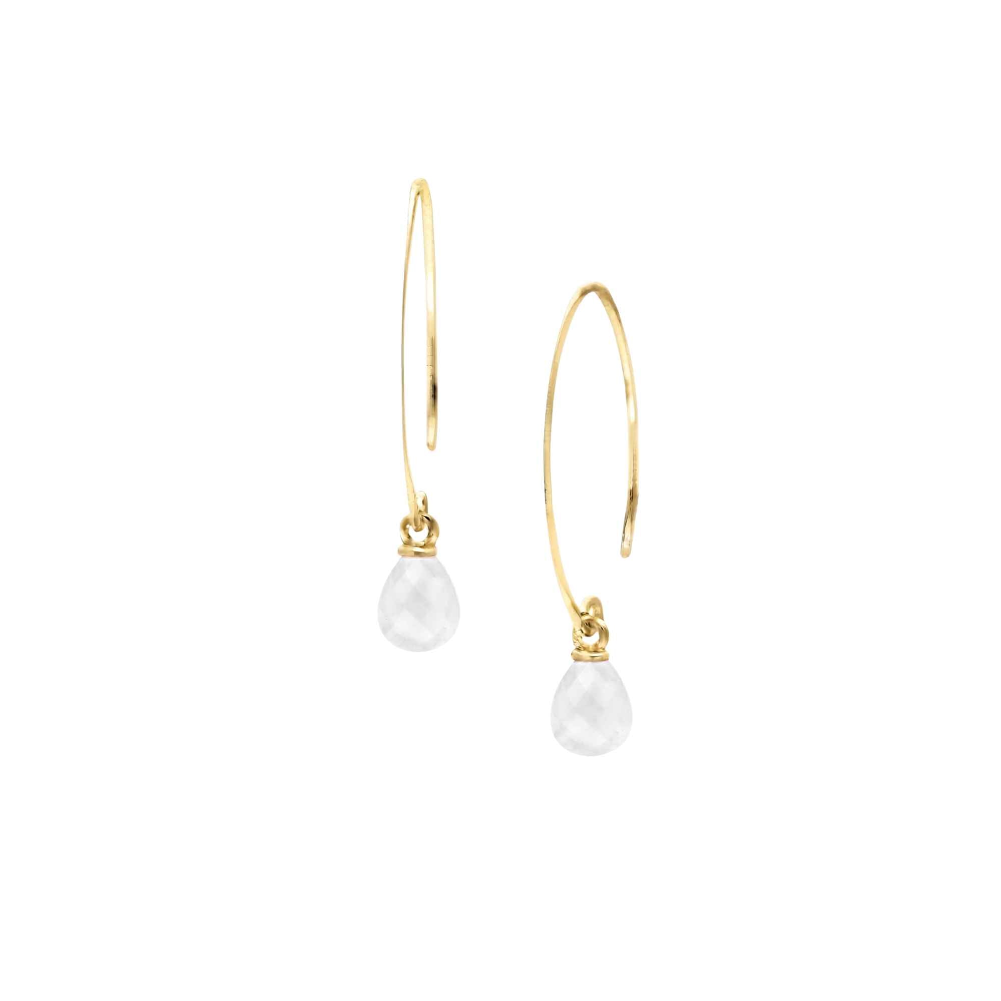 Moonstone Teardrop Dangler Earrings Gold against a plain white background, The pair showcases elongated, minimalist 22K gold plated 925 Silver open marquise-shaped wire hooks, each delicately dangling a micro-faceted teardrop briolette charm made of natural, translucent Rainbow Moonstone gemstone showing a bright blue adularescence glow by Protsaah Zurich.