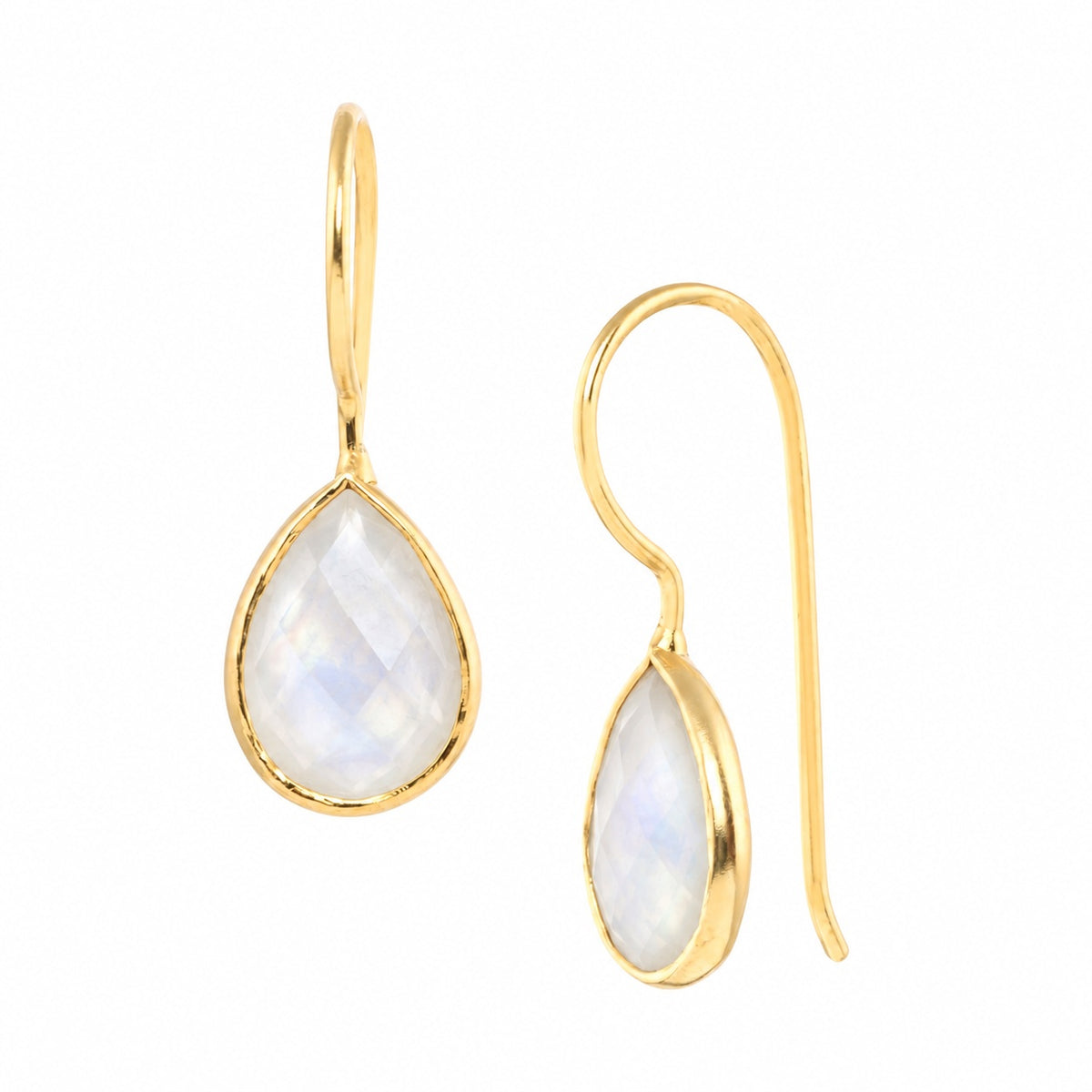 Faceted 7 x 10mm rainbow moonstone teardrop drop earrings in a gold bezel on wire hooks on a white background