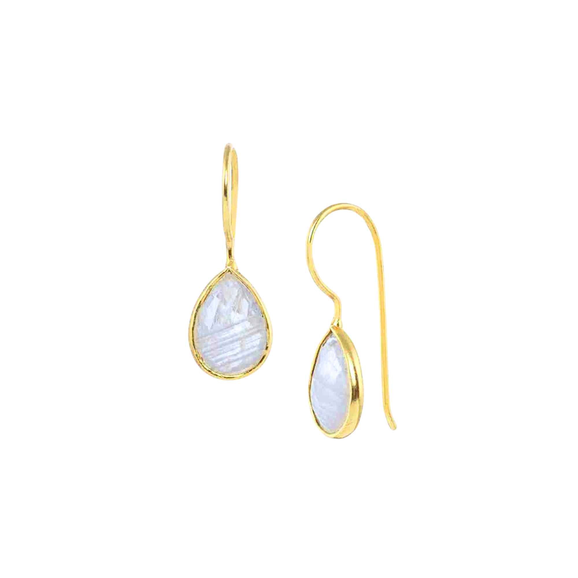 A pair of gold teardrop drop earrings with faceted milky white rainbow Moonstone stones on a sleek continuous curved ear hook in high-shine 22K gold finish. It is in gold bezel setting with french wire hooks, studio shot on white background — Protsaah.