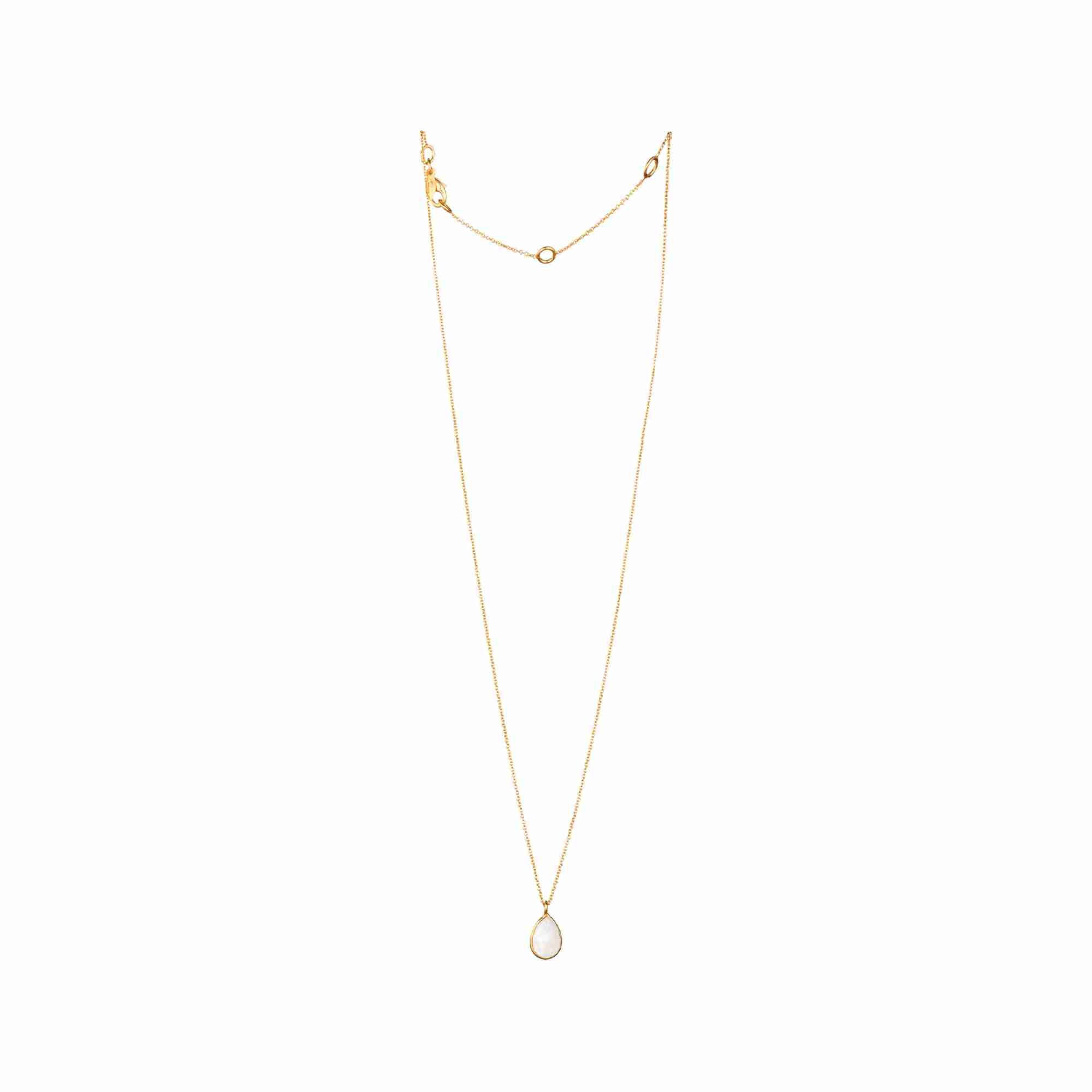 Detail shot of Dew Drops Rainbow Moonstone Teardrop Pendant Necklace Gold — close-up of the iridescent rainbow moonstone in 22K gold vermeil by Protsaah Zurich.