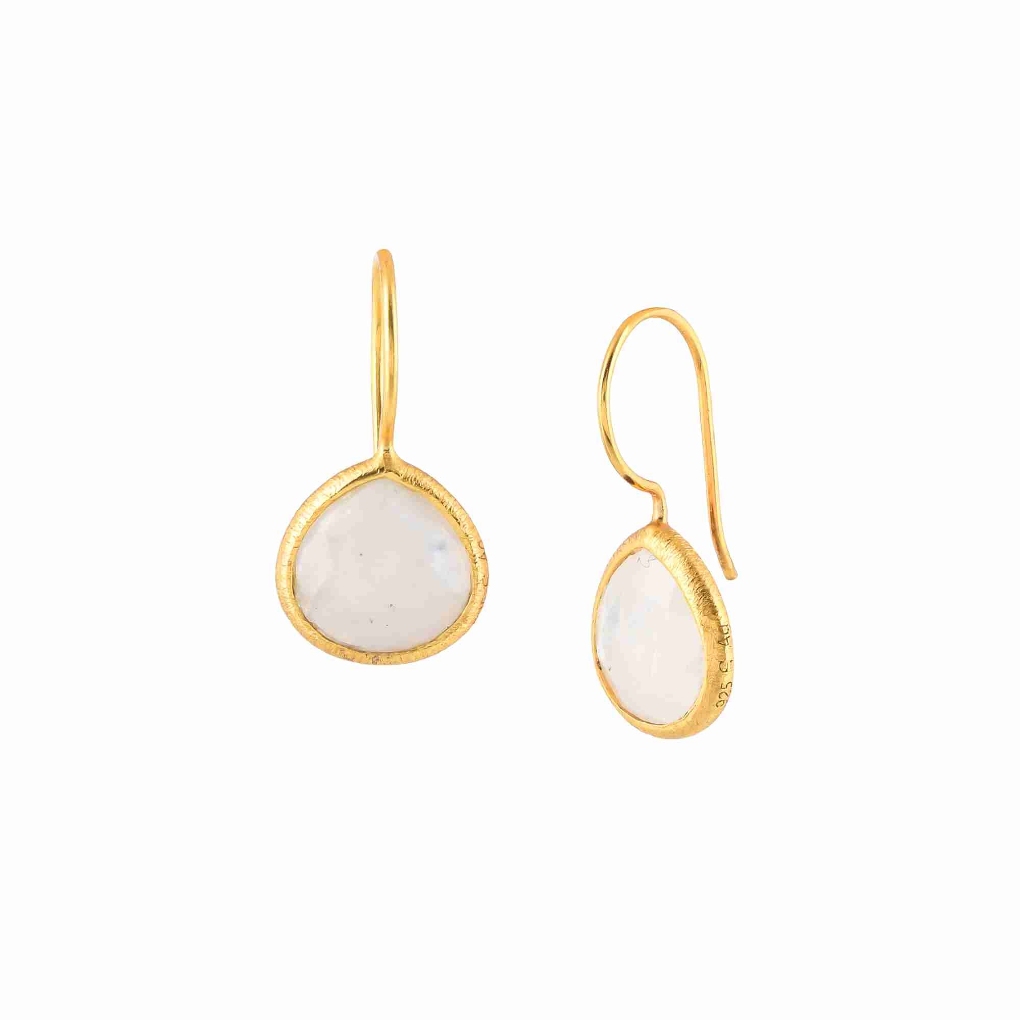 Dew Drops Rainbow Moonstone Textured Drop Earrings Gold — faceted teardrop Rainbow Moonstone in a textured bezel setting suspended from a fine fishhook wire in 22K gold finish — Protsaah.