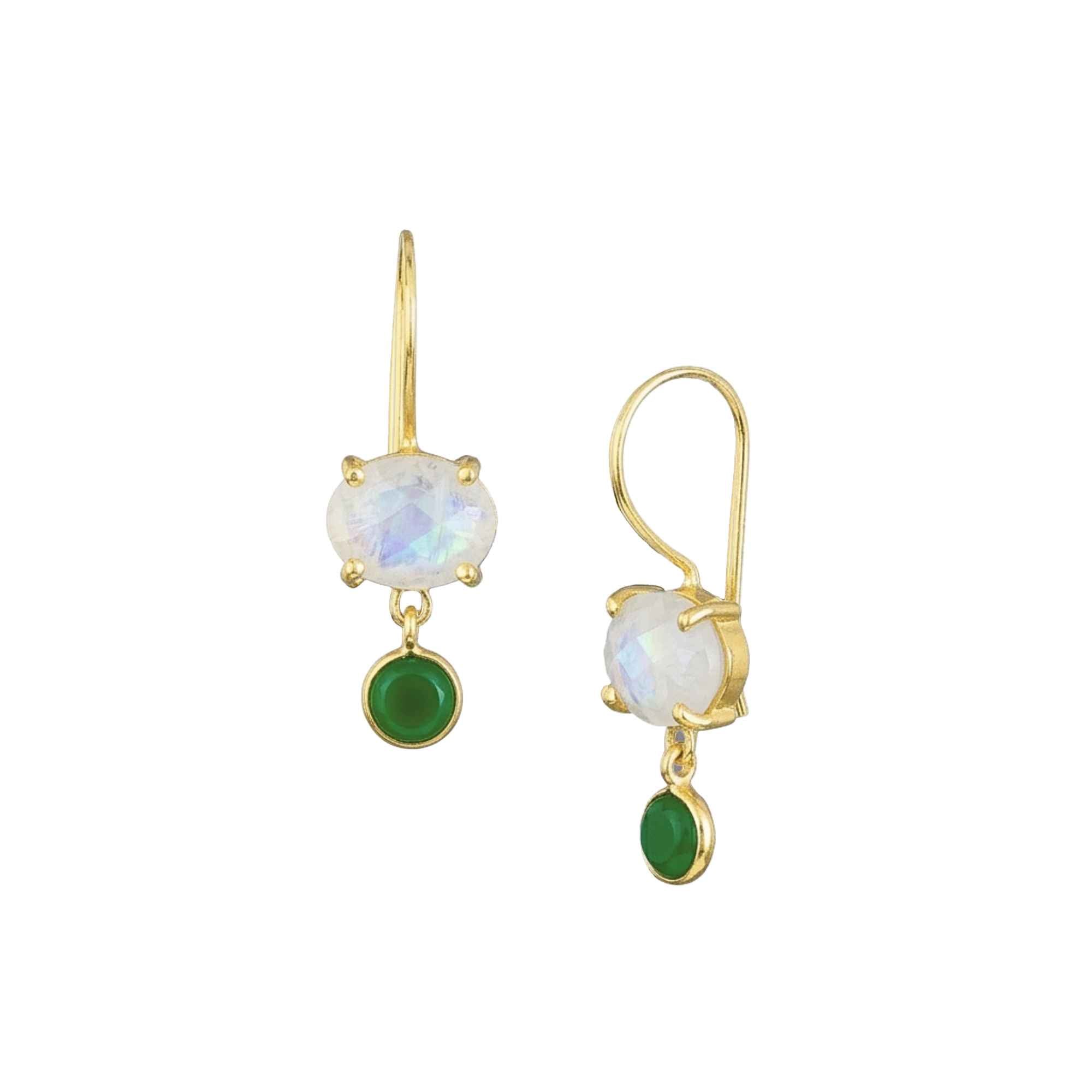Pair of elongated, minimalist 22K gold plated 925 Silver open wire hooks, each featuring a prong-set oval natural Rainbow Moonstone gemstone with blue-purple adularescence flash, dangling a bezel-set round deep emerald-green Green Onyx charm against a plain white background — Protsaah Zurich.