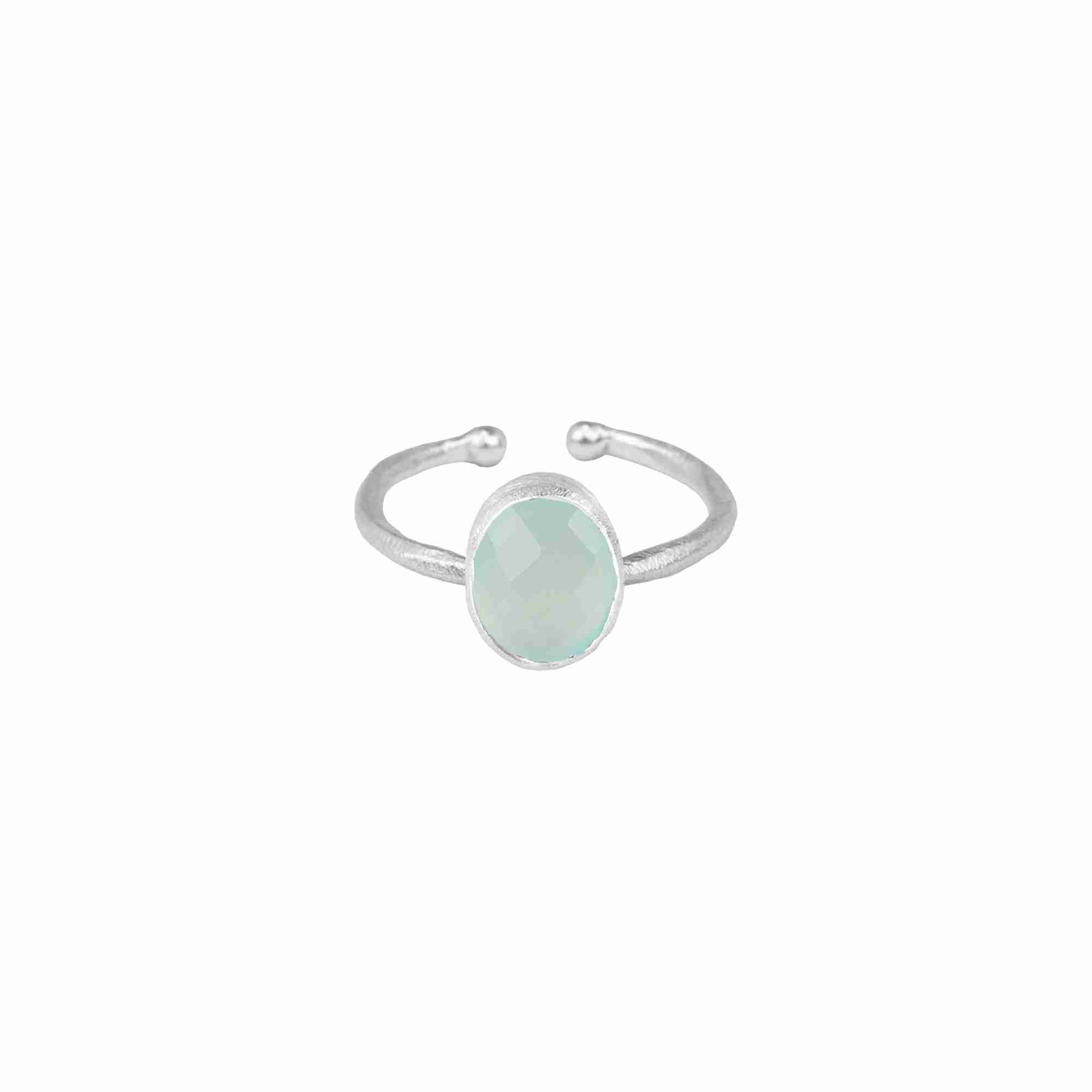 Dew Drops Small Oval Aqua Chalcedony Adjustable Ring Silver — elegant 92.5 recycled sterling silver open-back adjustable ring featuring a smooth oval cabochon light blue aqua chalcedony gemstone by Protsaah Zurich.