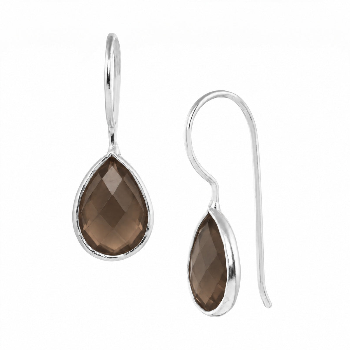 Faceted 7 x 10mm smoky quartz teardrop drop earrings in a silver bezel on wire hooks on a white background