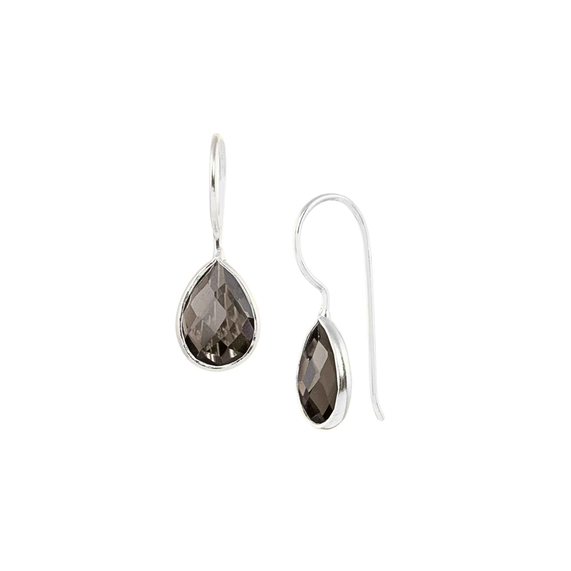 A pair of silver teardrop drop earrings with faceted transparent brown smoky quartz stones on a sleek continuous curved ear hook in high-shine finish. It is in silver bezel setting with french wire hooks, studio shot on white background — Protsaah.