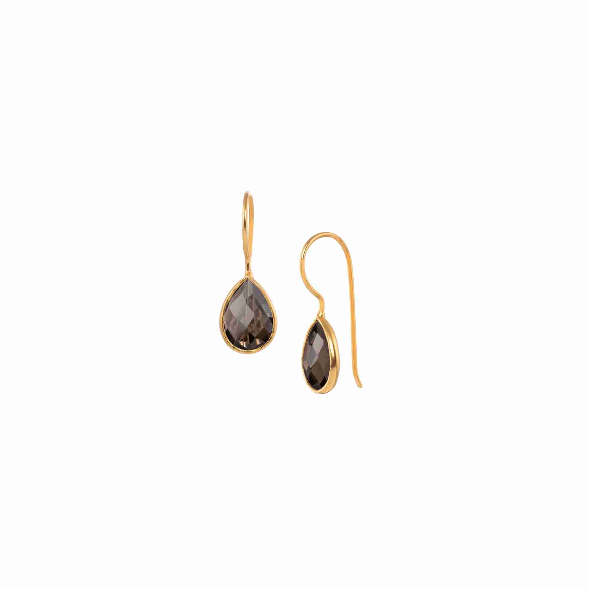 Dew Drops Smoky Quartz Teardrop Earrings Drop Earrings Gold — elegant 22K gold vermeil hook earrings featuring a faceted pear-cut translucent smoky quartz gemstone in a polished gold bezel setting by Protsaah Zurich.