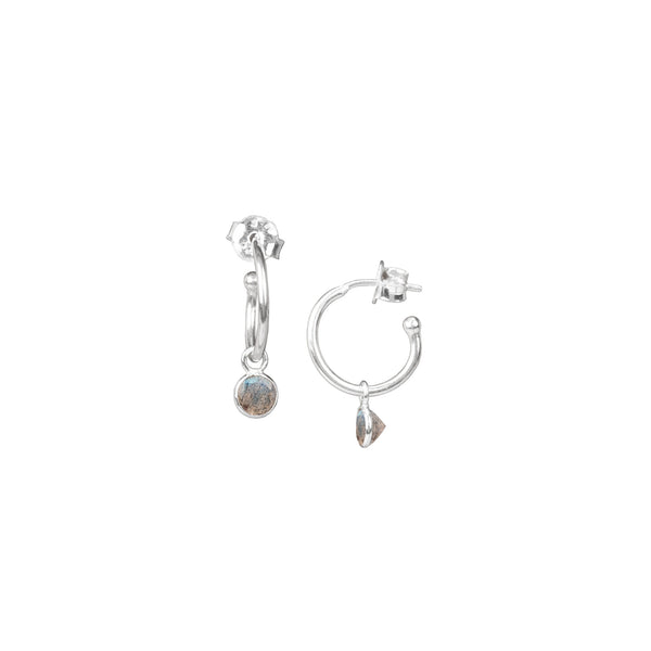 Dew Drops Single Stone Hoop Earrings Silver Labradorite