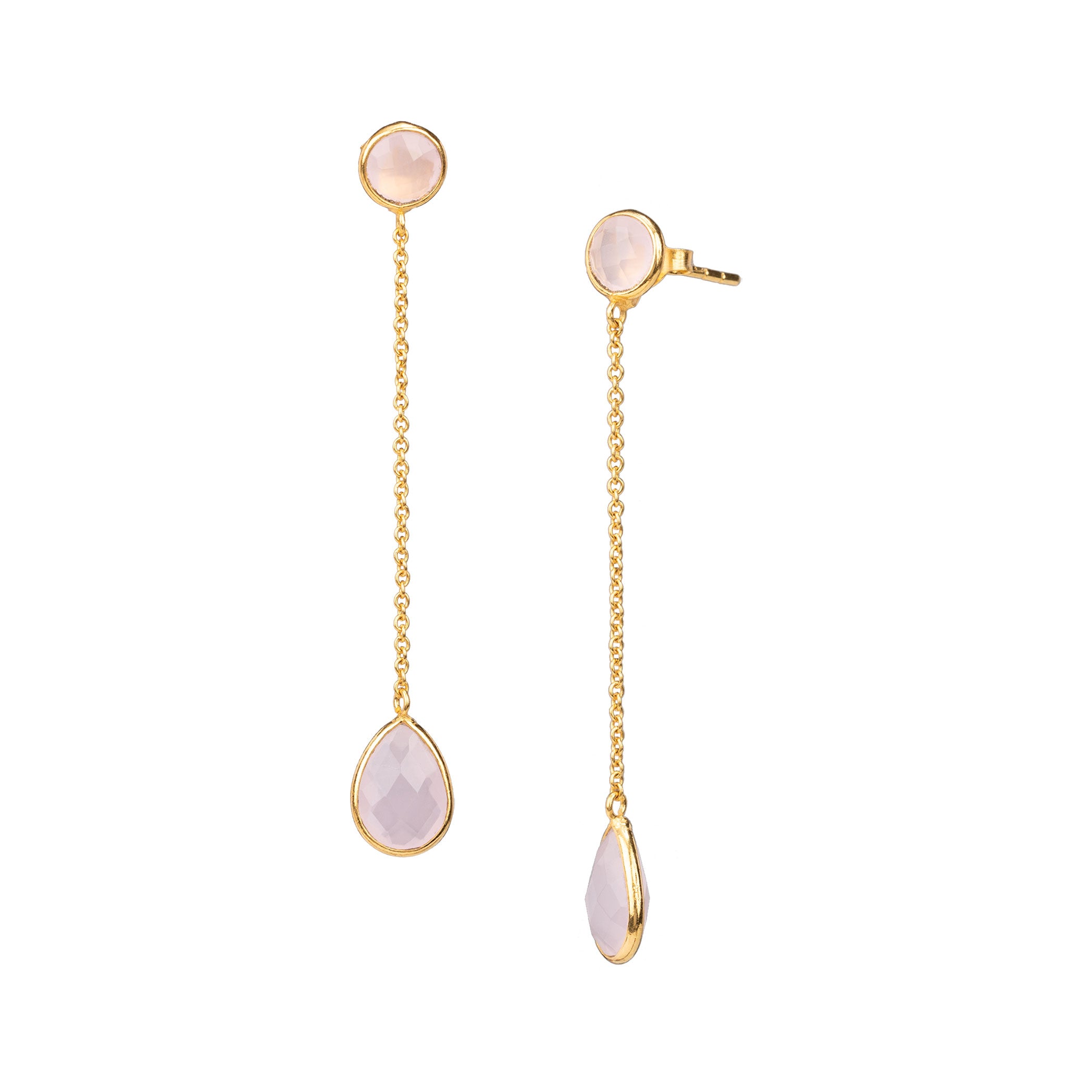 Dew Drops Chained Pink Chalcedony Dangler Earrings Gold