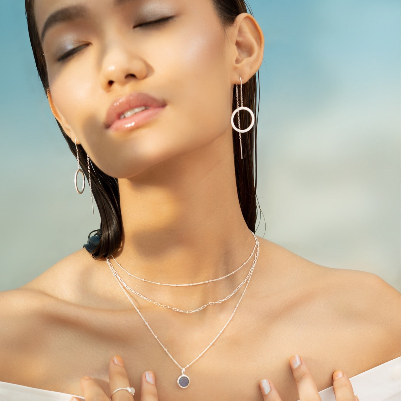 Shimmering Disks Circle Threader Earrings Silver