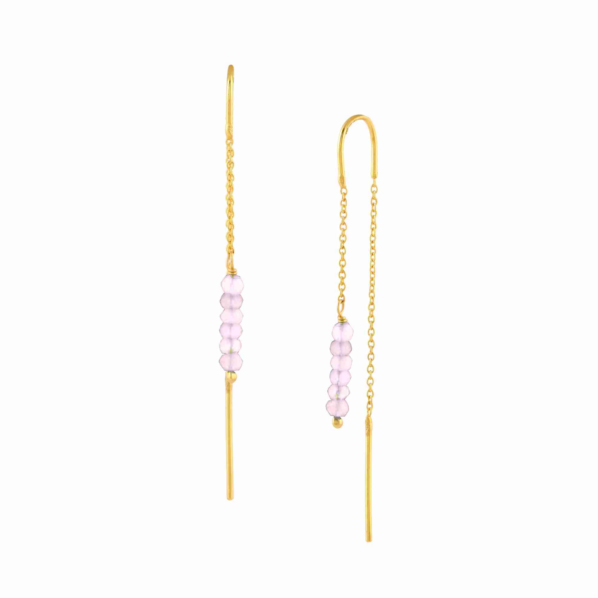 Delicate Vintage Stacked Pink Chalcedony Beads Threader Earrings in 22k gold-plated recycled sterling silver featuring fine chain pull-through drops with a vertical row of five small, translucent pink chalcedony gemstone beads and sleek post ends.